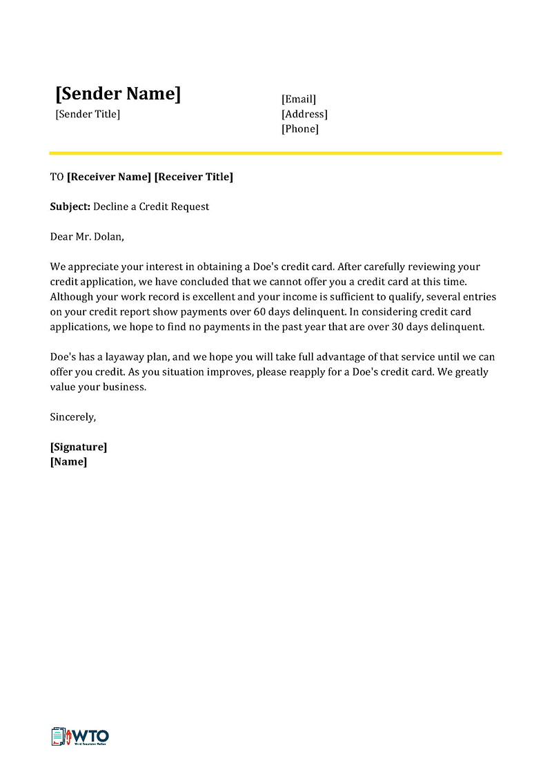 Printable Credit Request Denial Letter Sample 03 for Word File