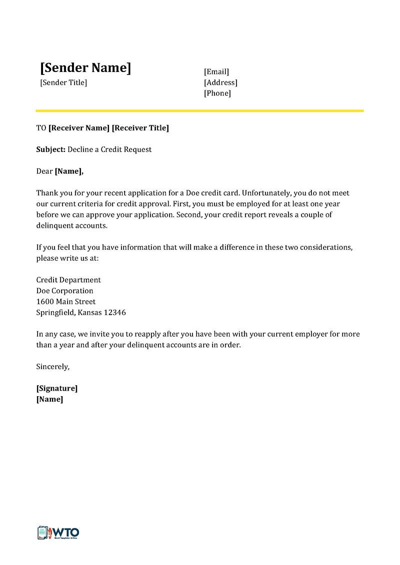 Editable Credit Request Denial Letter Sample 05 for Word File