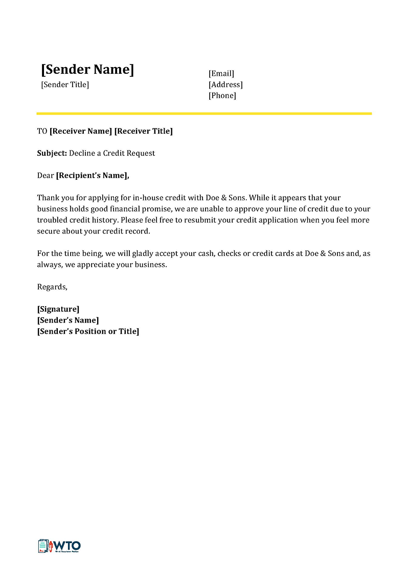 Free Credit Request Denial Letter Sample 06 for Word File