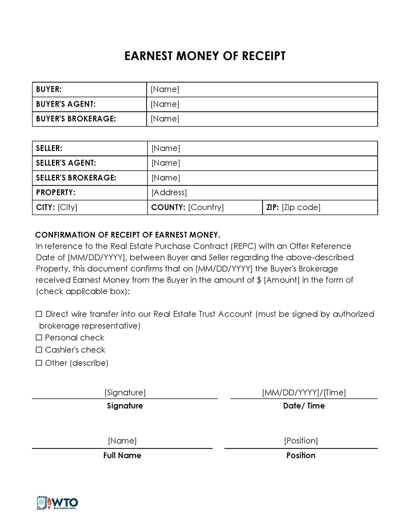 Free Earnest Money Deposit Receipt Template 02 as Word File