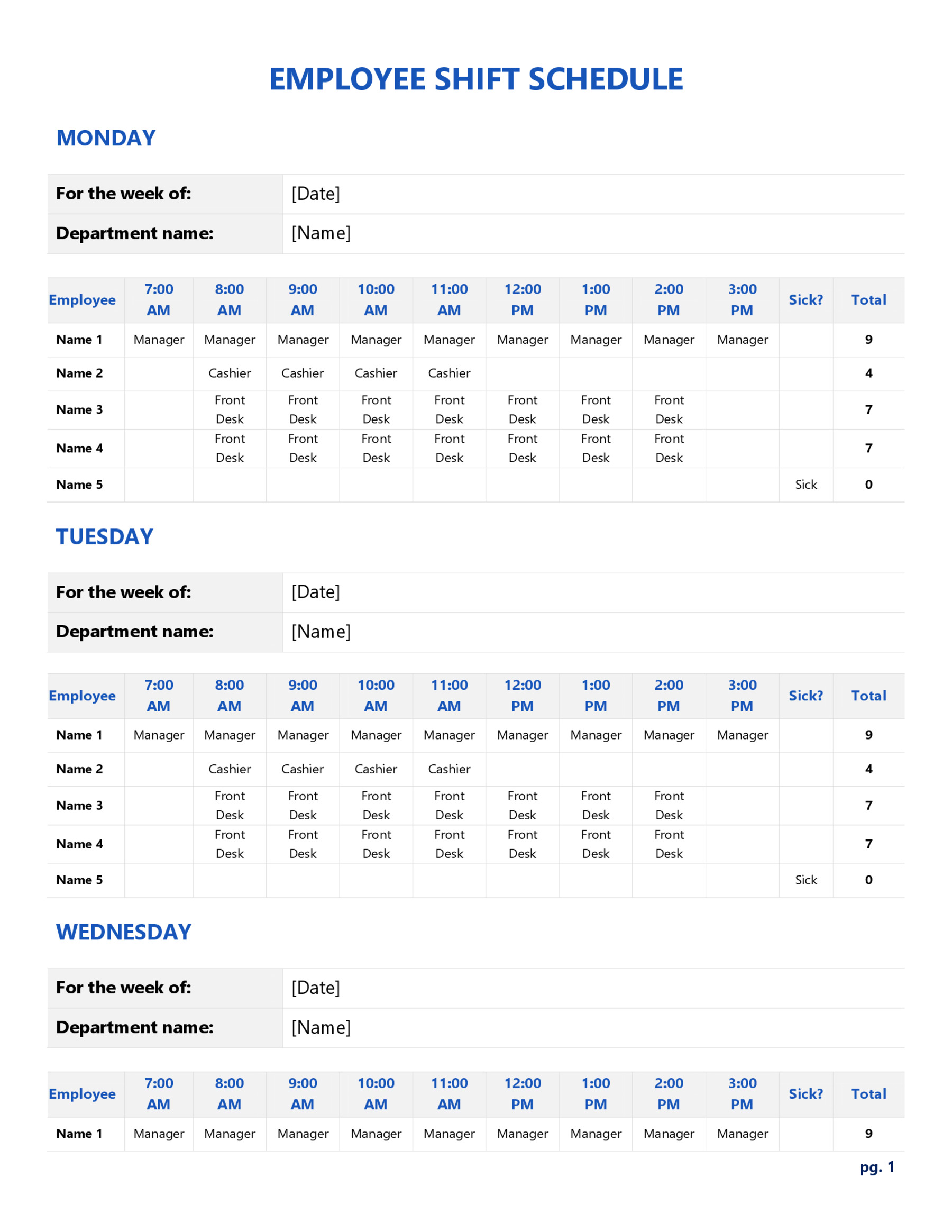 Free Employees’ Weekly Shift Schedule Template - Editable Format