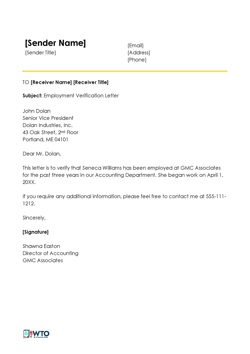 Employment Verification Letter Example
