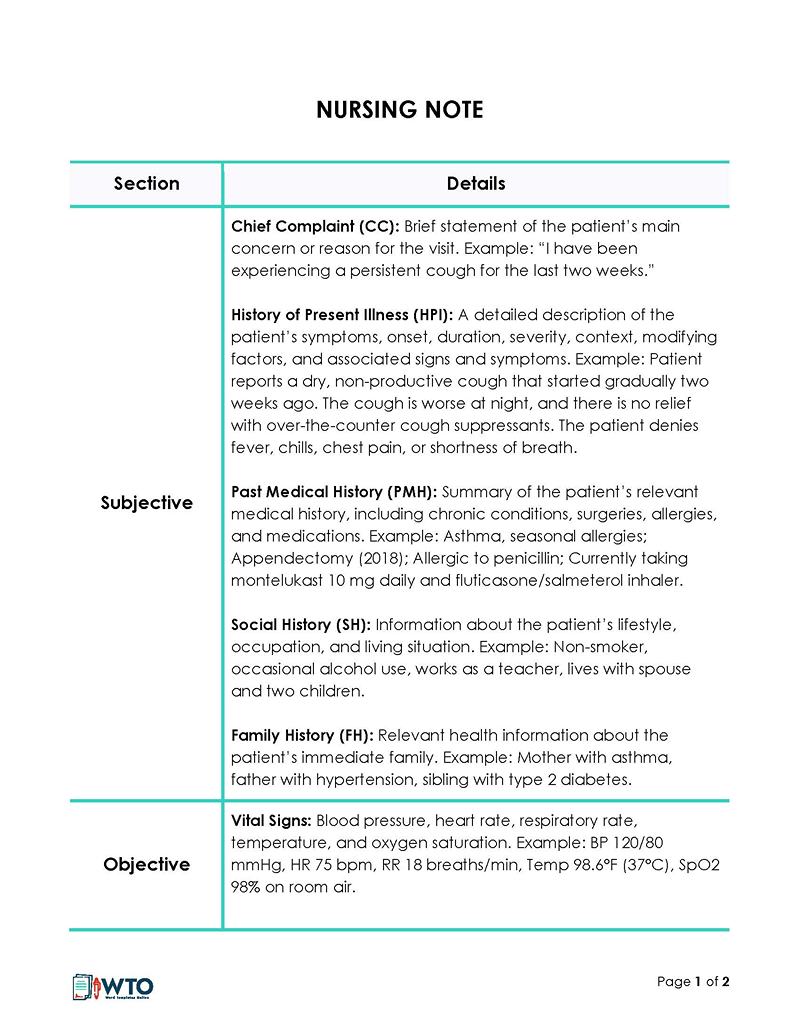 Great Printable Nursing Note Sample for Word Document