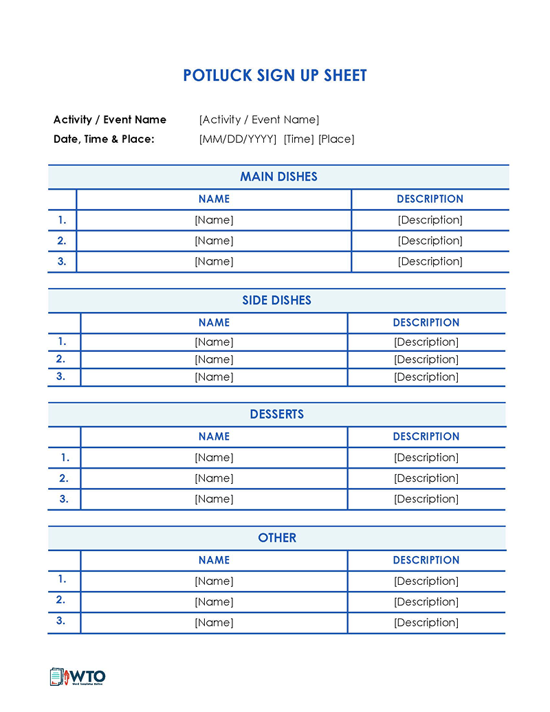 Potluck Sign-up Sheets