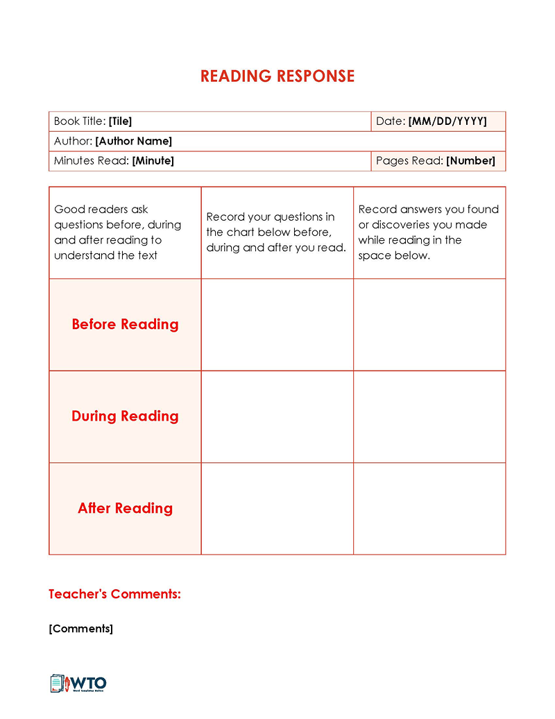 Reading Response Worksheet