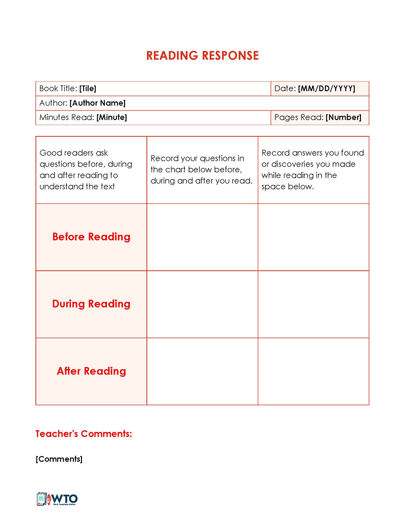 Free Printable Mid-While Reading Response Template 01 for Word Document