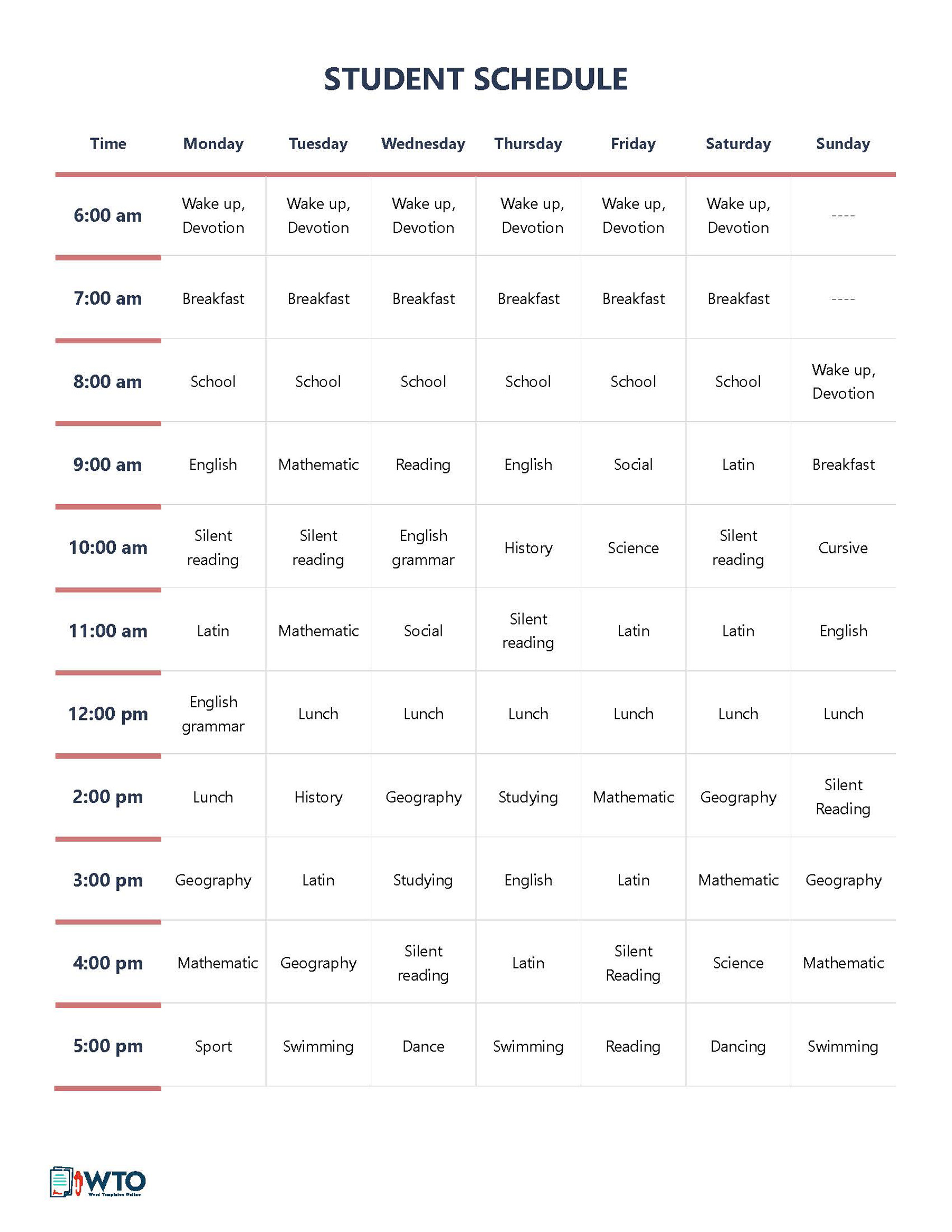 Free Student’s Schedule Template - Editable Format