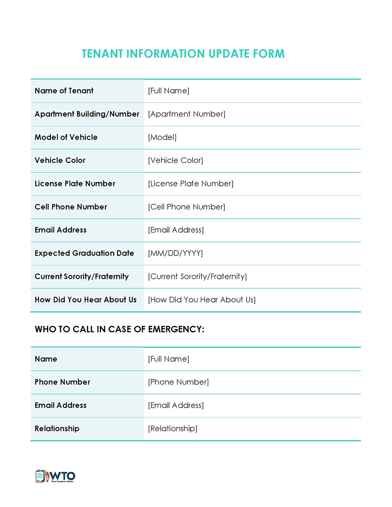 Printable Tenant Information Update Form 03 for Word File