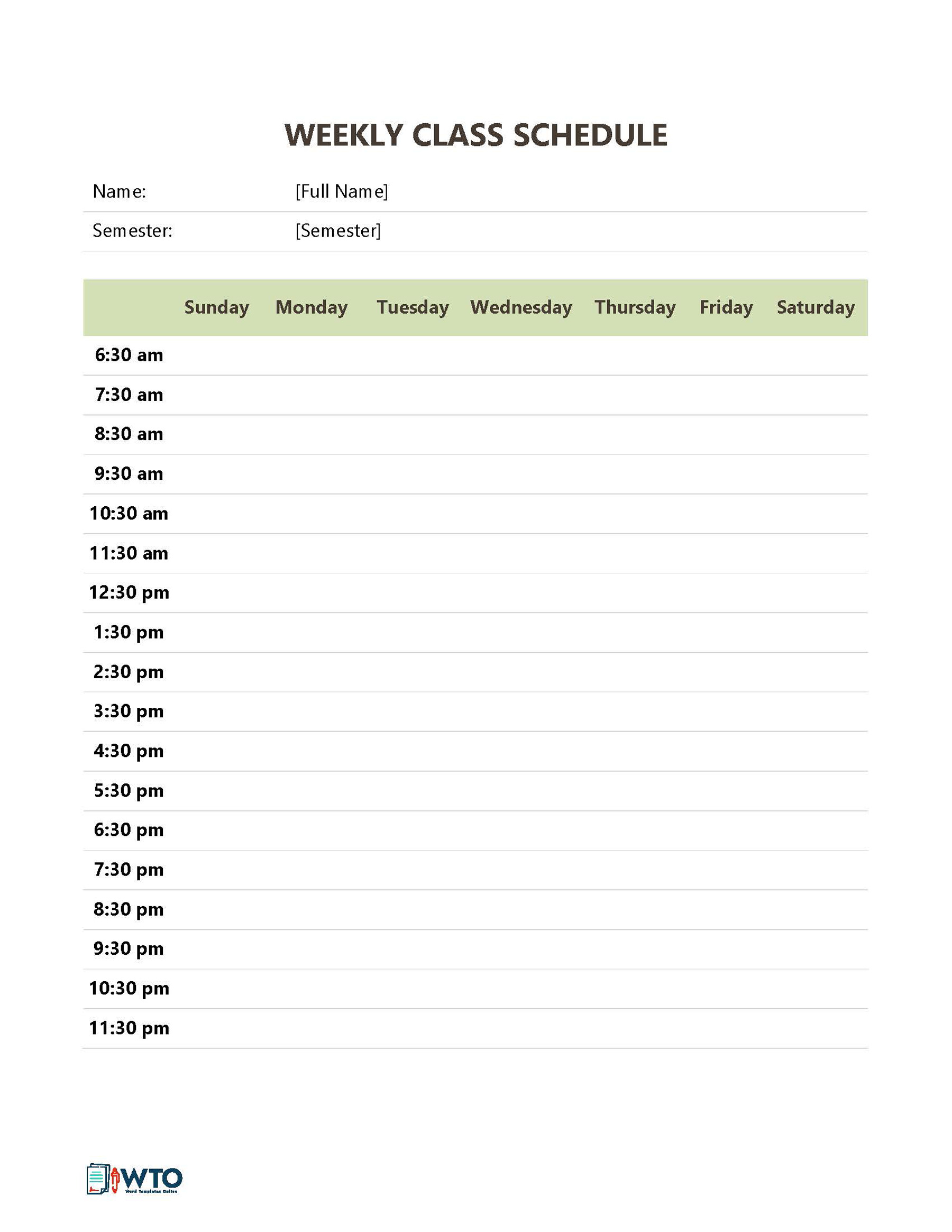 Free Weekly Class Schedule Template - Editable Format