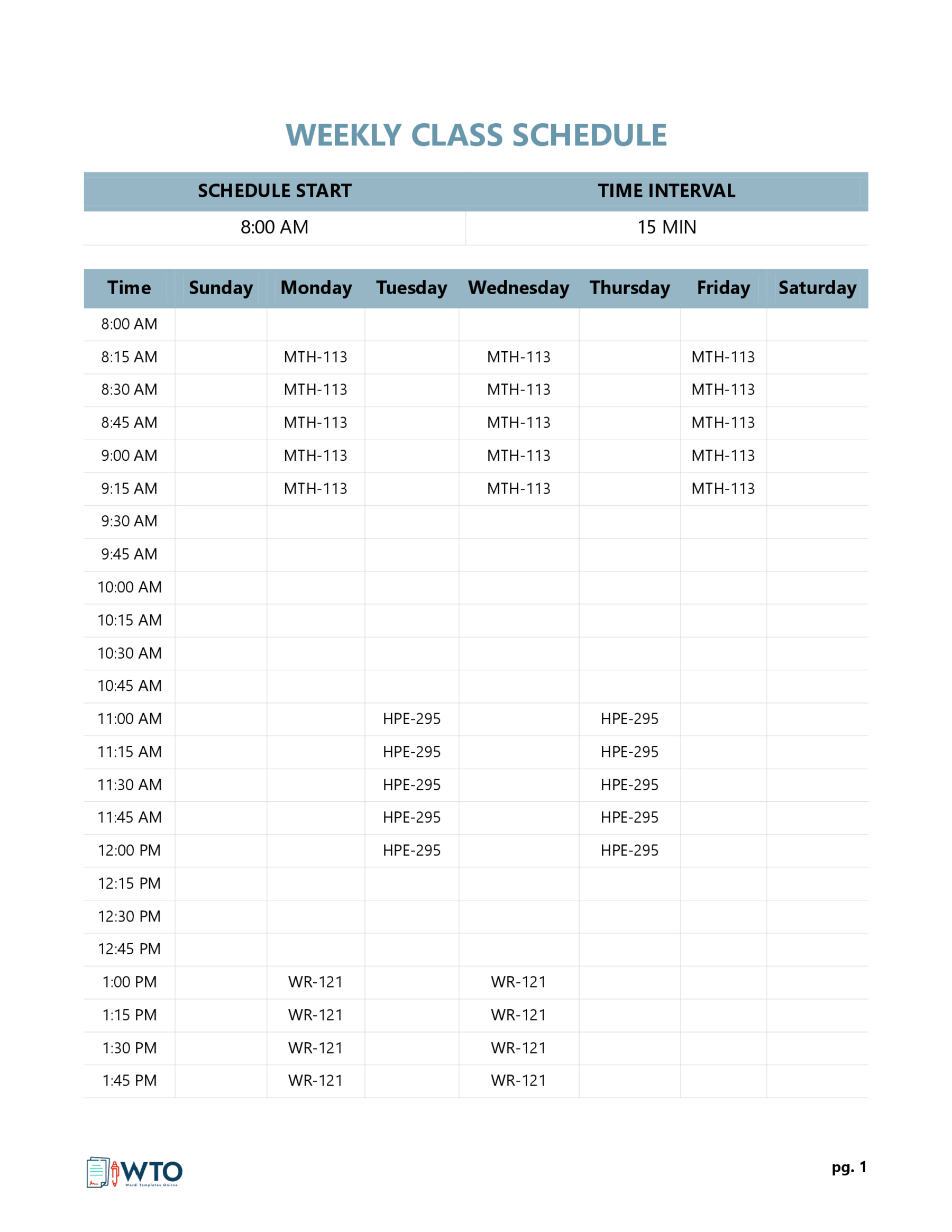 Weekly Class Schedule Example - Sample Document