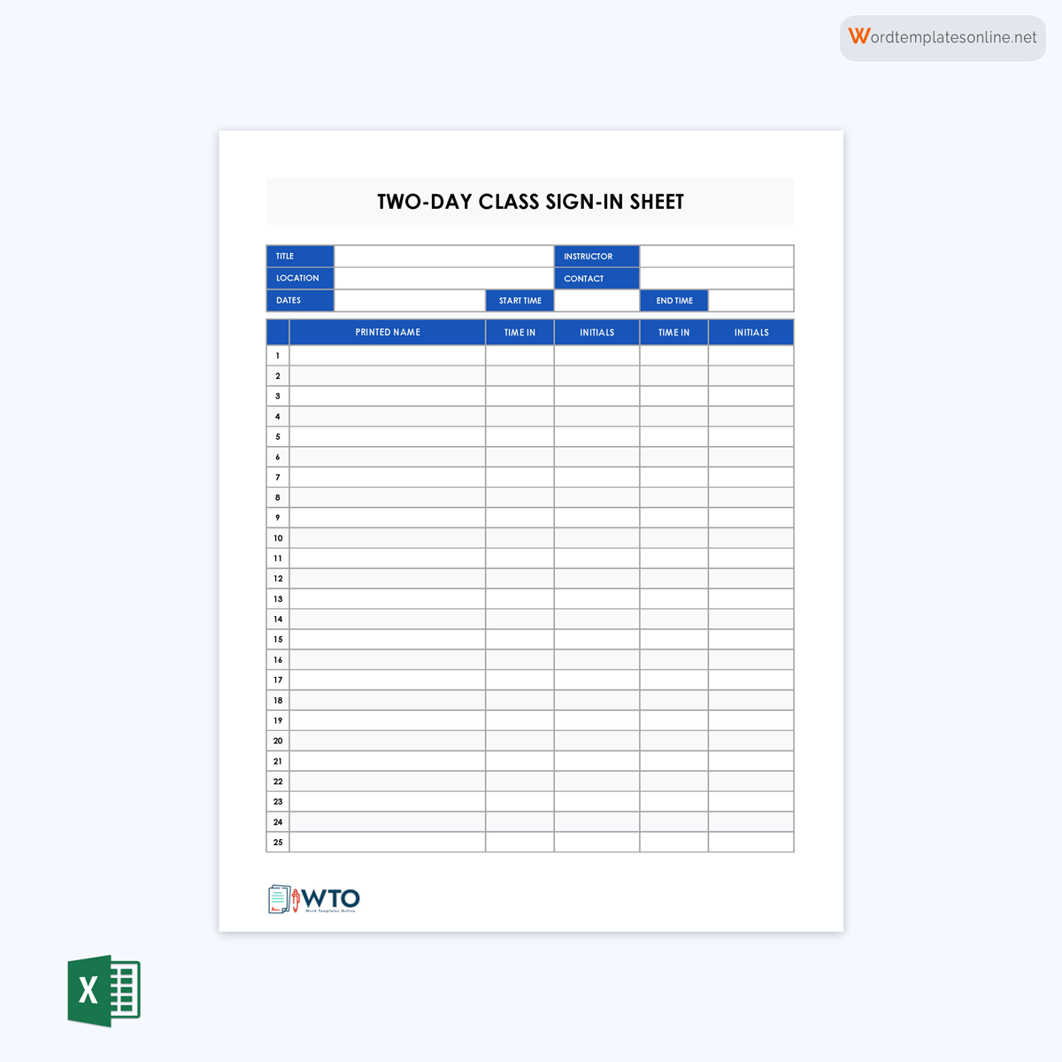 Free 2-Day Class Sign-In Sheet for Excel