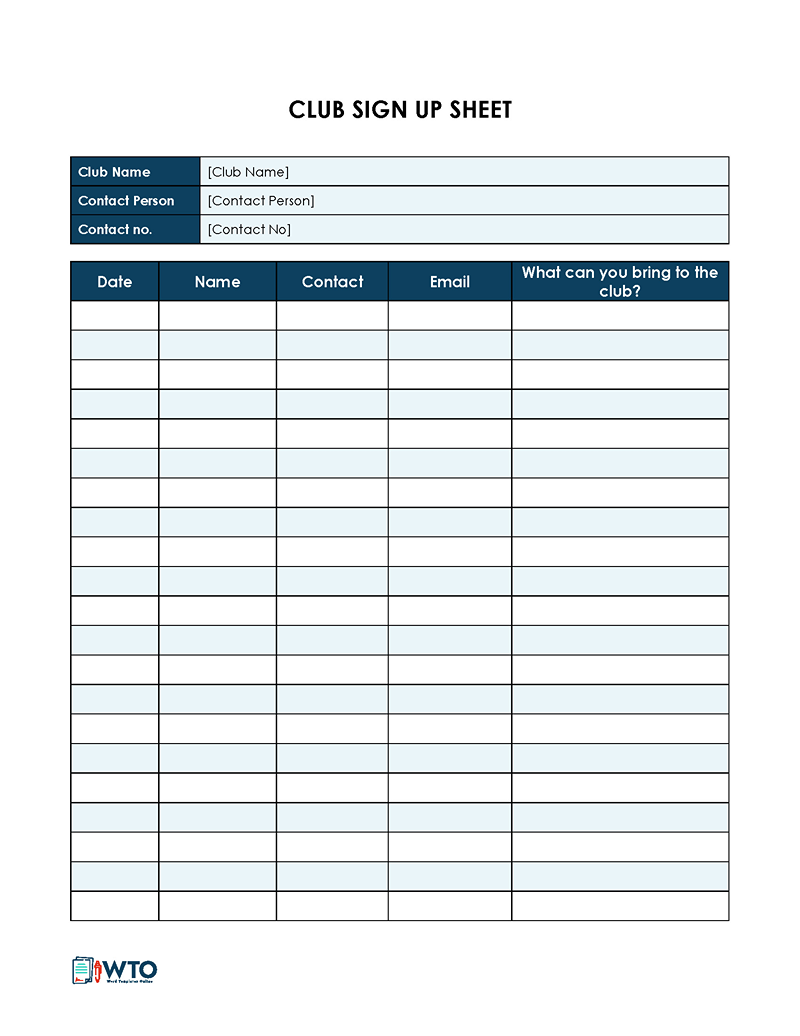 Free Club Sign-Up Sheet in ms word format