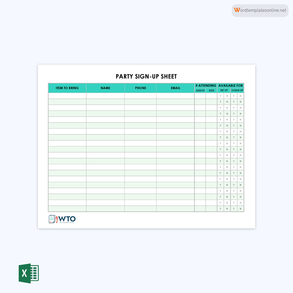 Free Party Sign-Up Sheet in excel