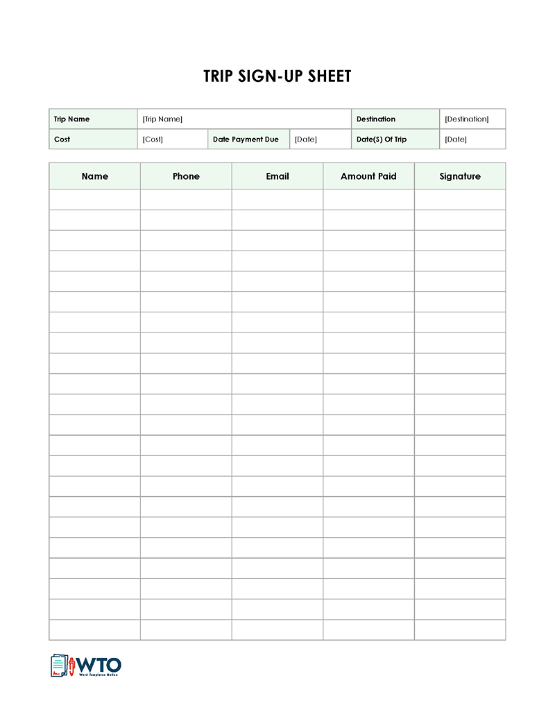 Simple Trip Sign-Up Sheet free download in word format