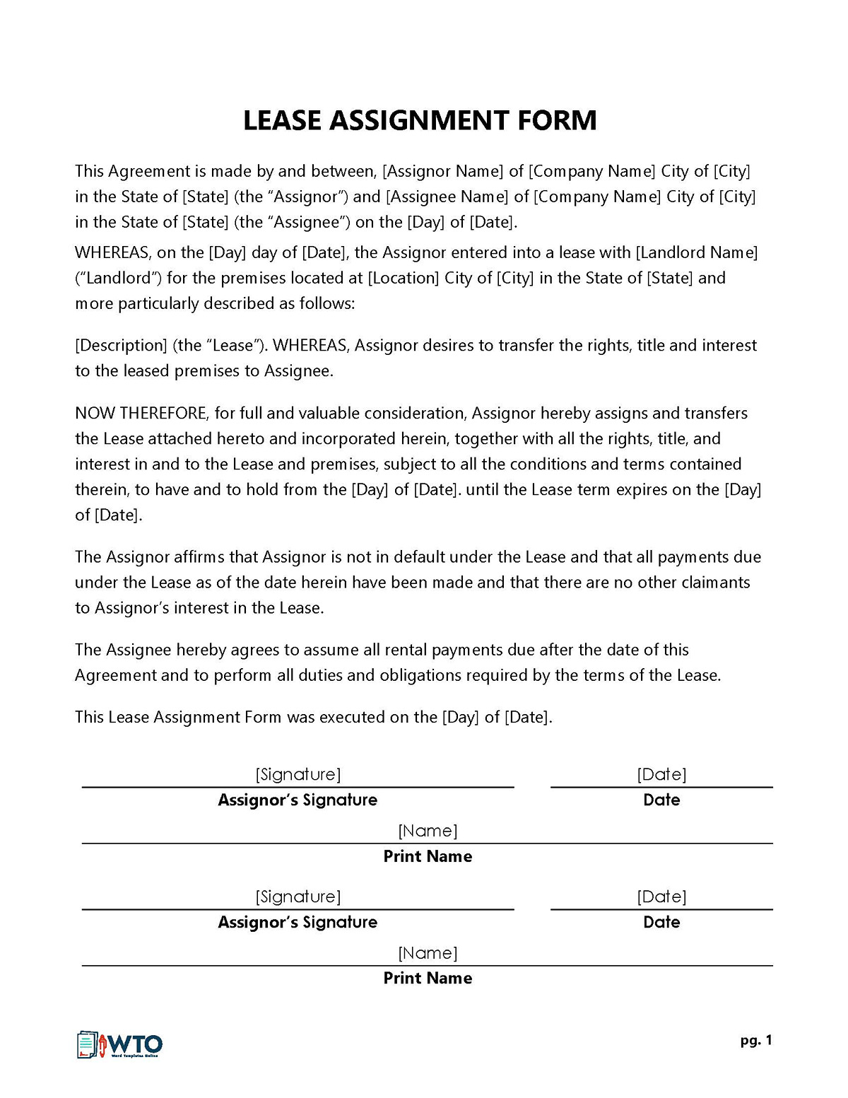Assignment of Lease Template - Printable Format