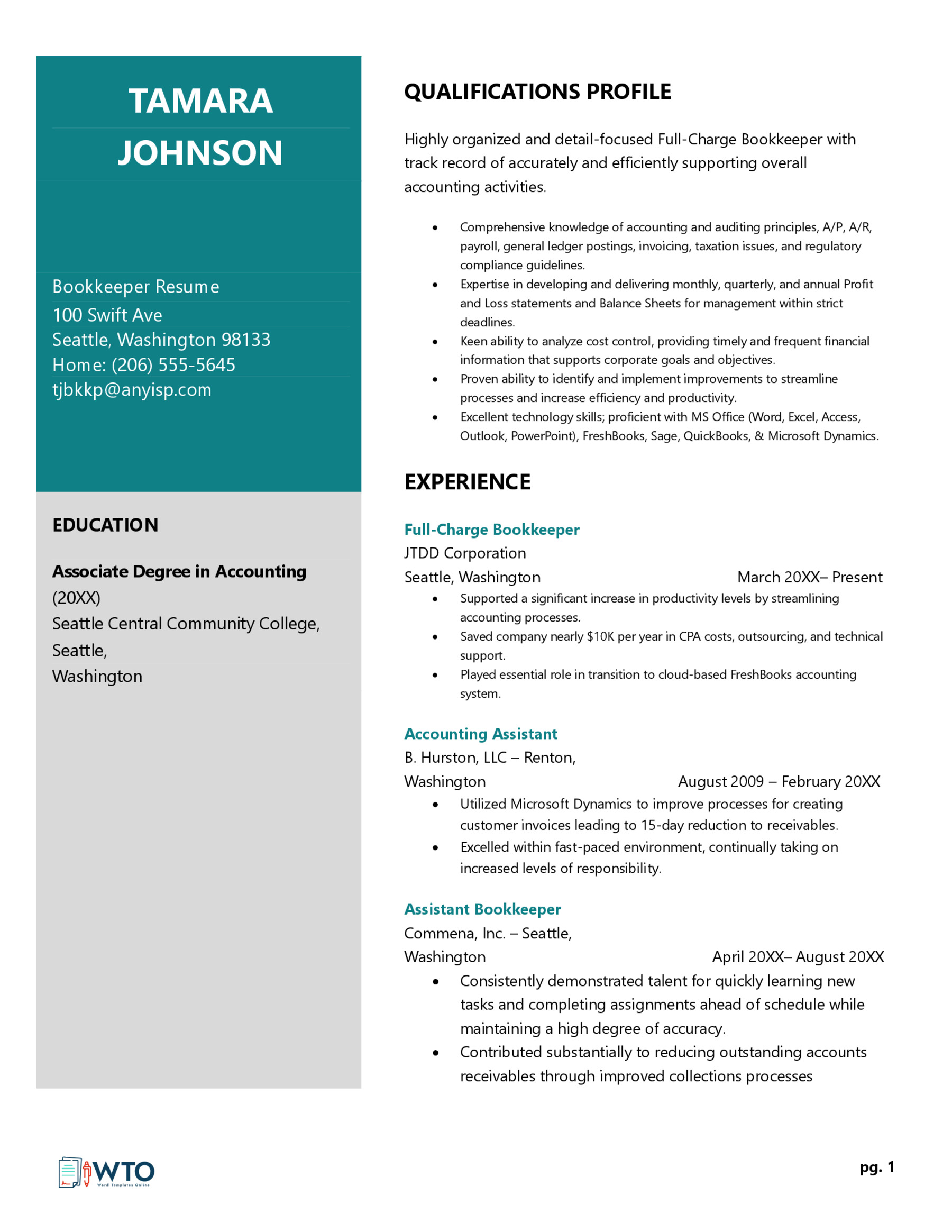 Free Bookkeeper Resume Template - Editable Format
