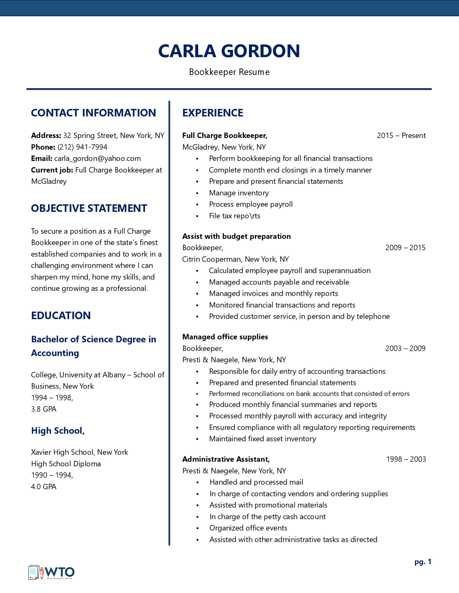 Bookkeeper Resume - Simple and Clean Format