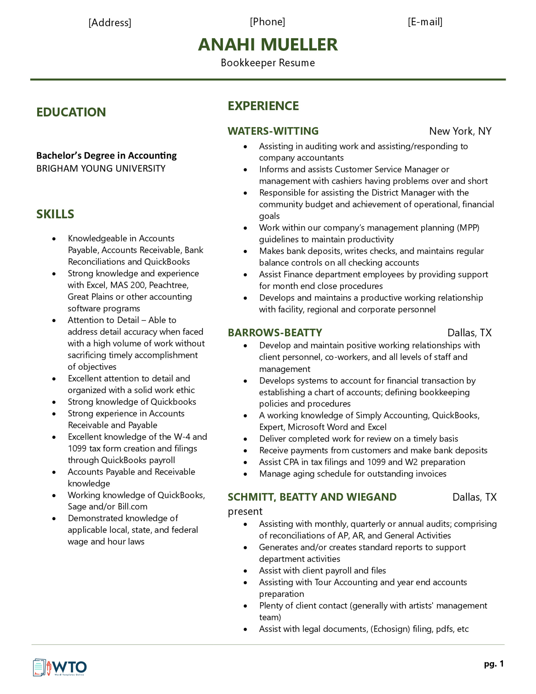 Bookkeeper Resume Example - Professional Sample