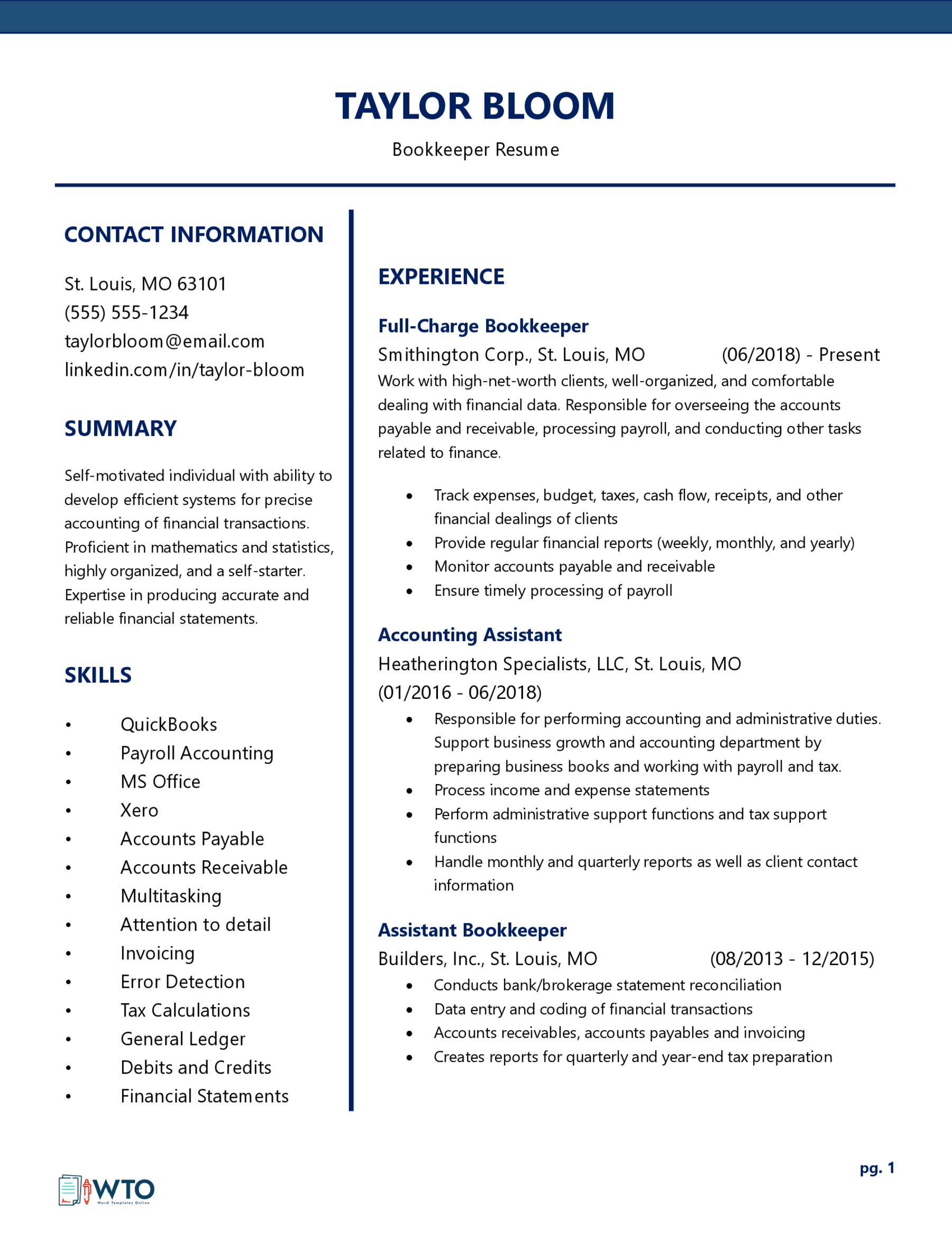 Downloadable Bookkeeper Resume Template - Word Format