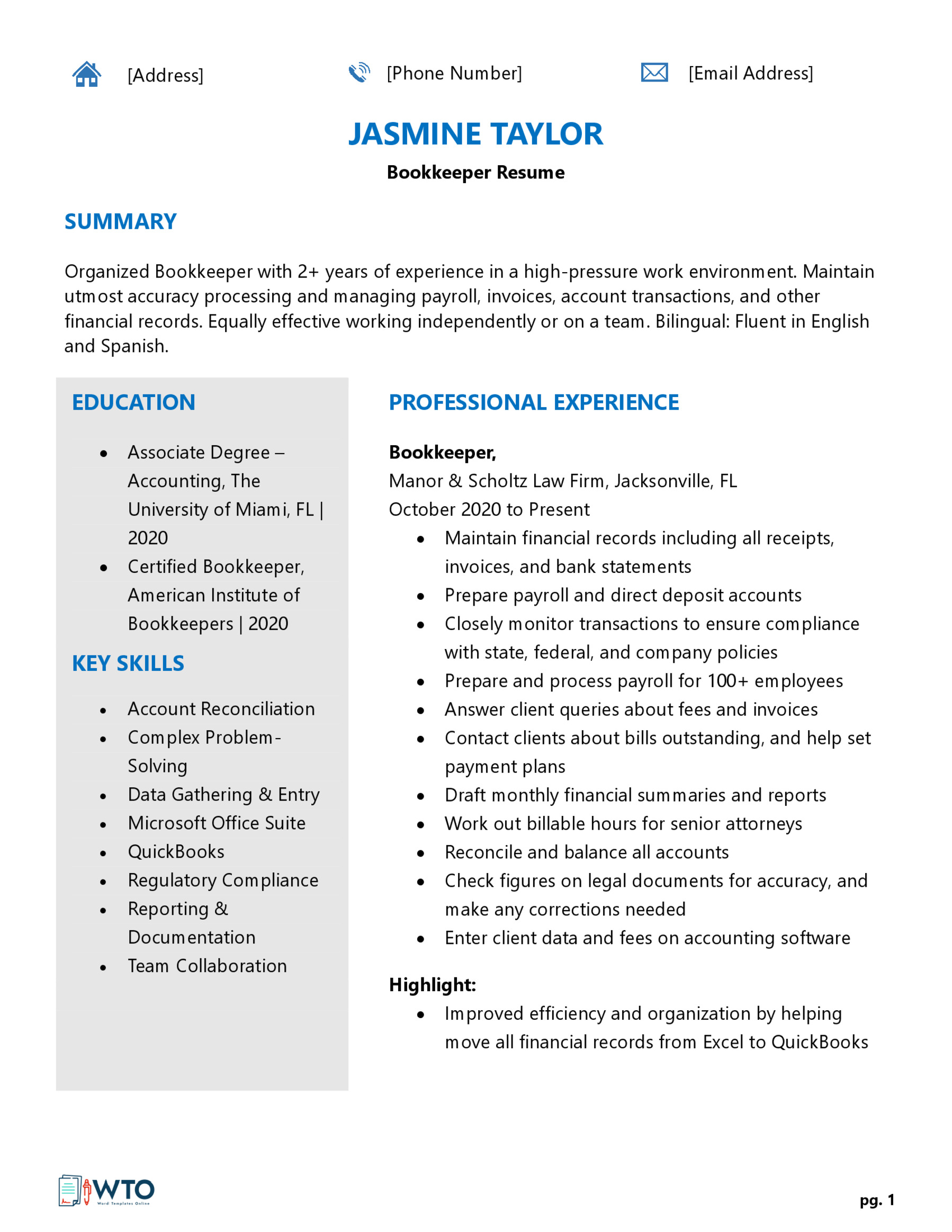 Bookkeeper Resume Template - Customizable Format
