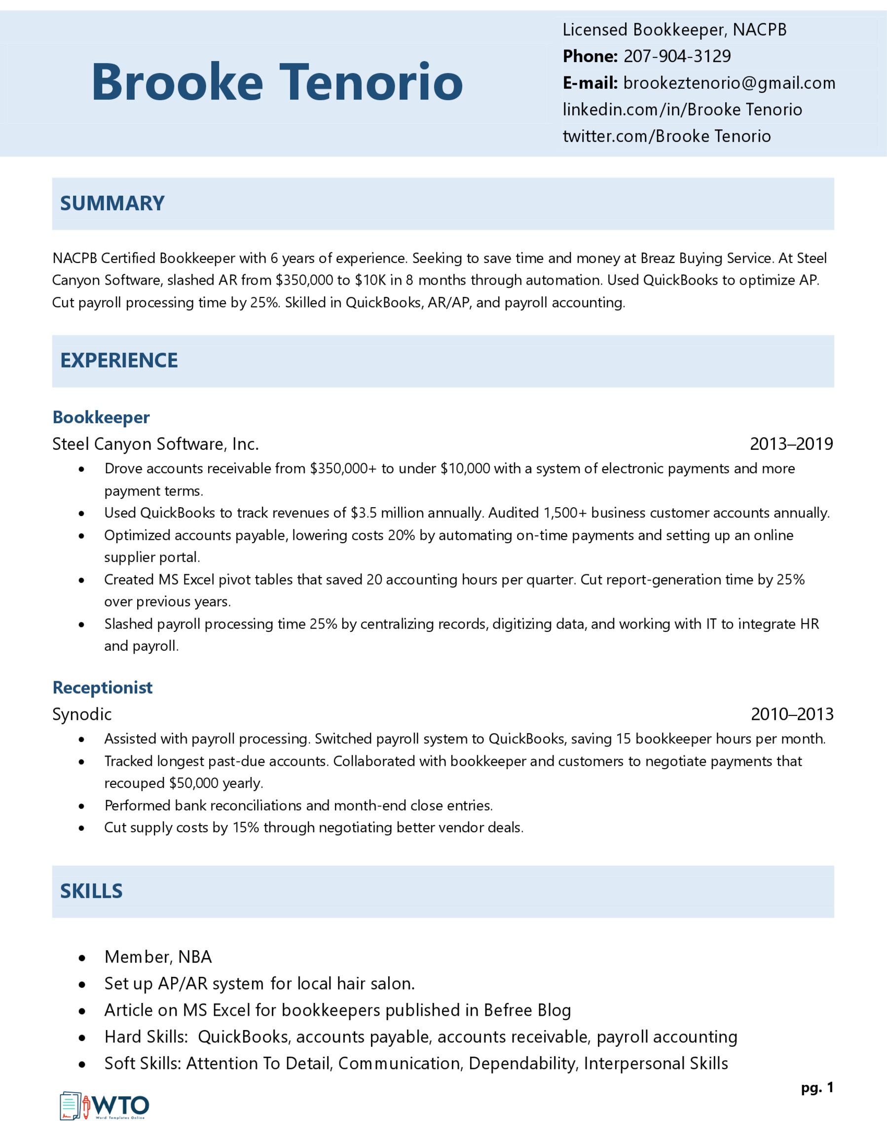 12 Free Bookkeeper Resume Templates - Bookkeeper Resume 7 1 