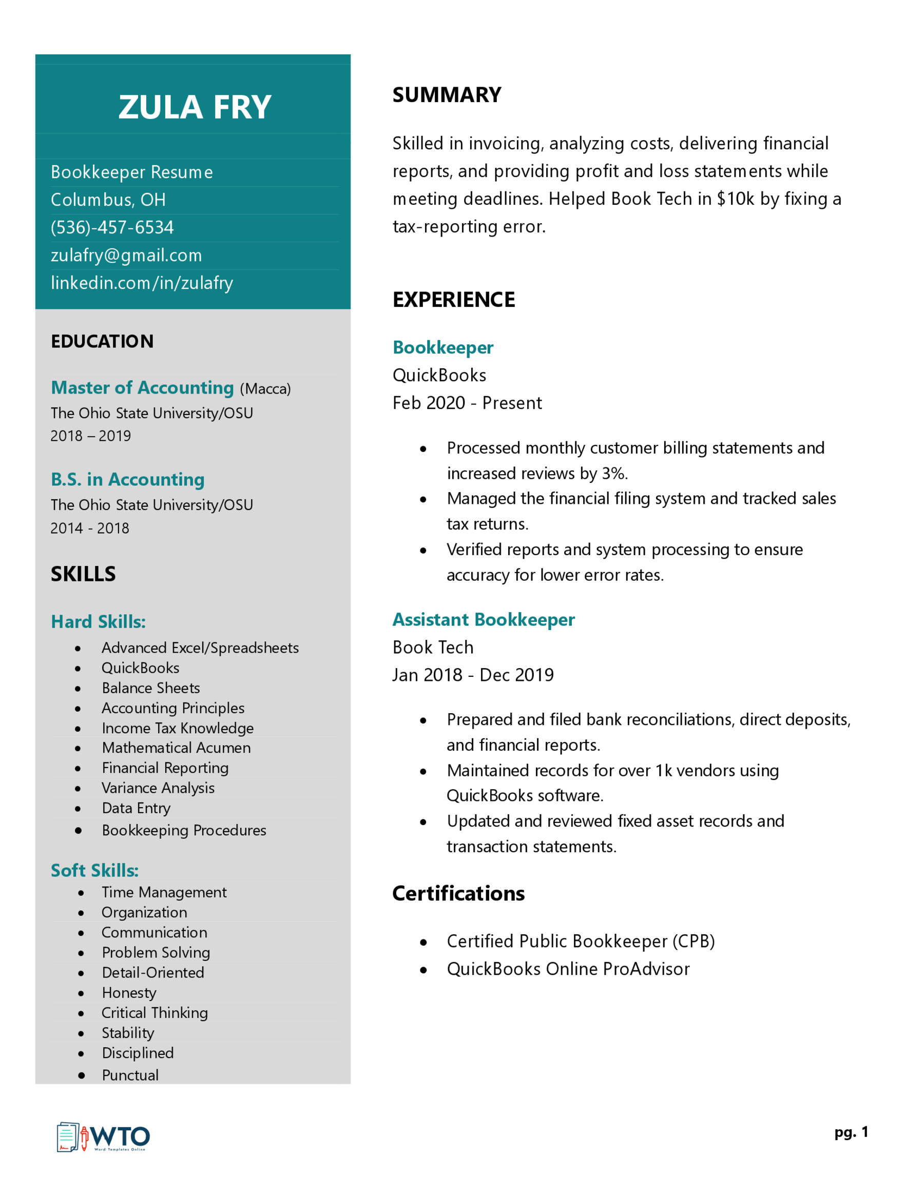 12 Free Bookkeeper Resume Templates - Bookkeeper Resume 8 1 