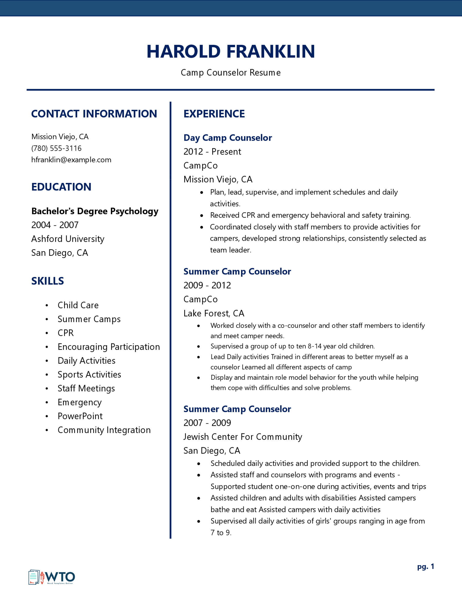 Camp Counselor Resume - Well-Structured Sample