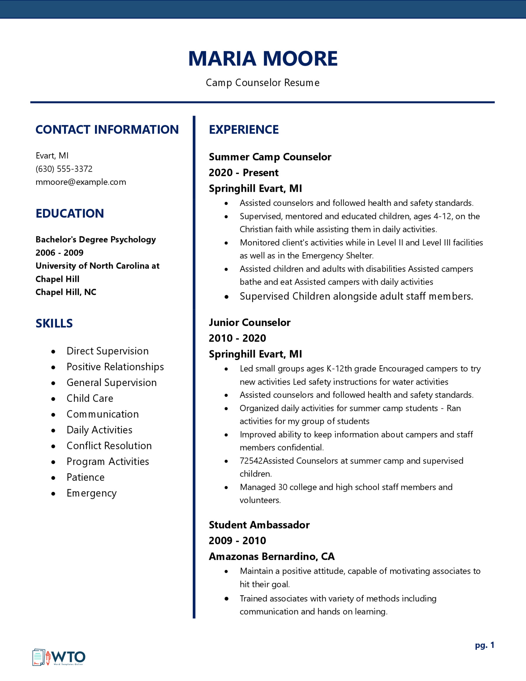 Downloadable Camp Counselor Resume Template - Word Format