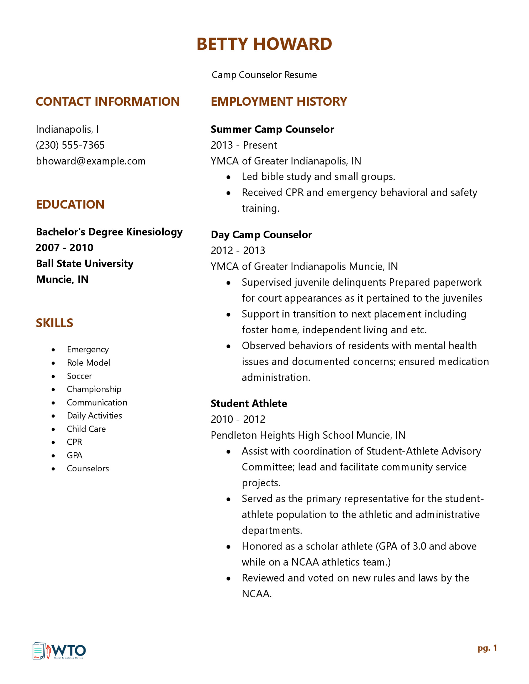 Camp Counselor Resume Template - Customizable Format