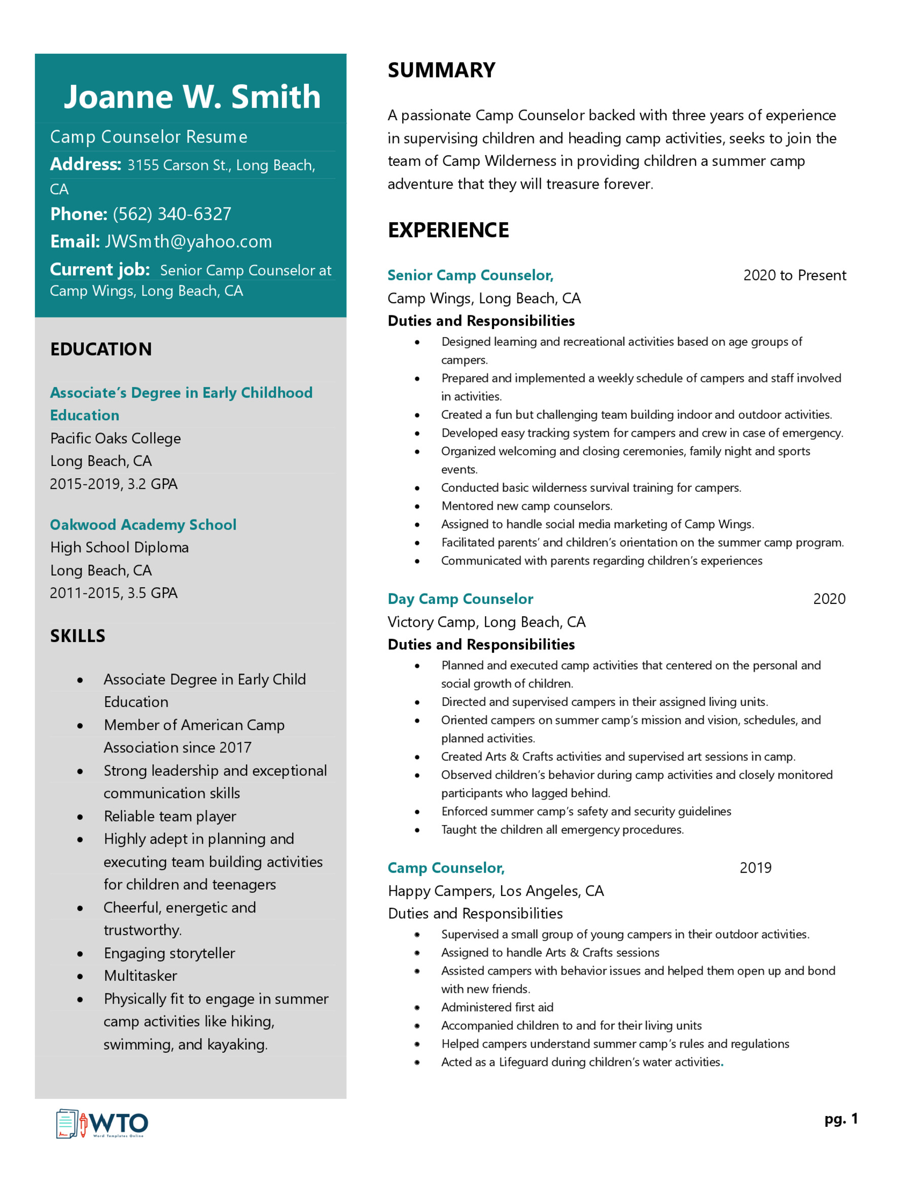 Camp Counselor Resume Template - Ready-to-Use Word Document