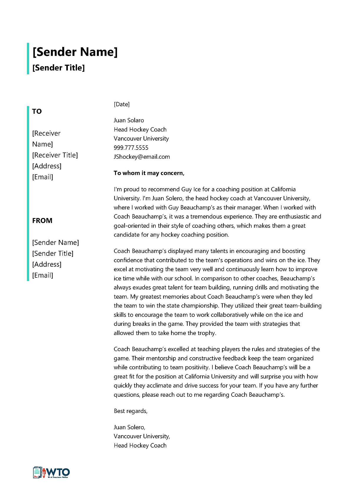 Editable Coach Letter of recommendation Word