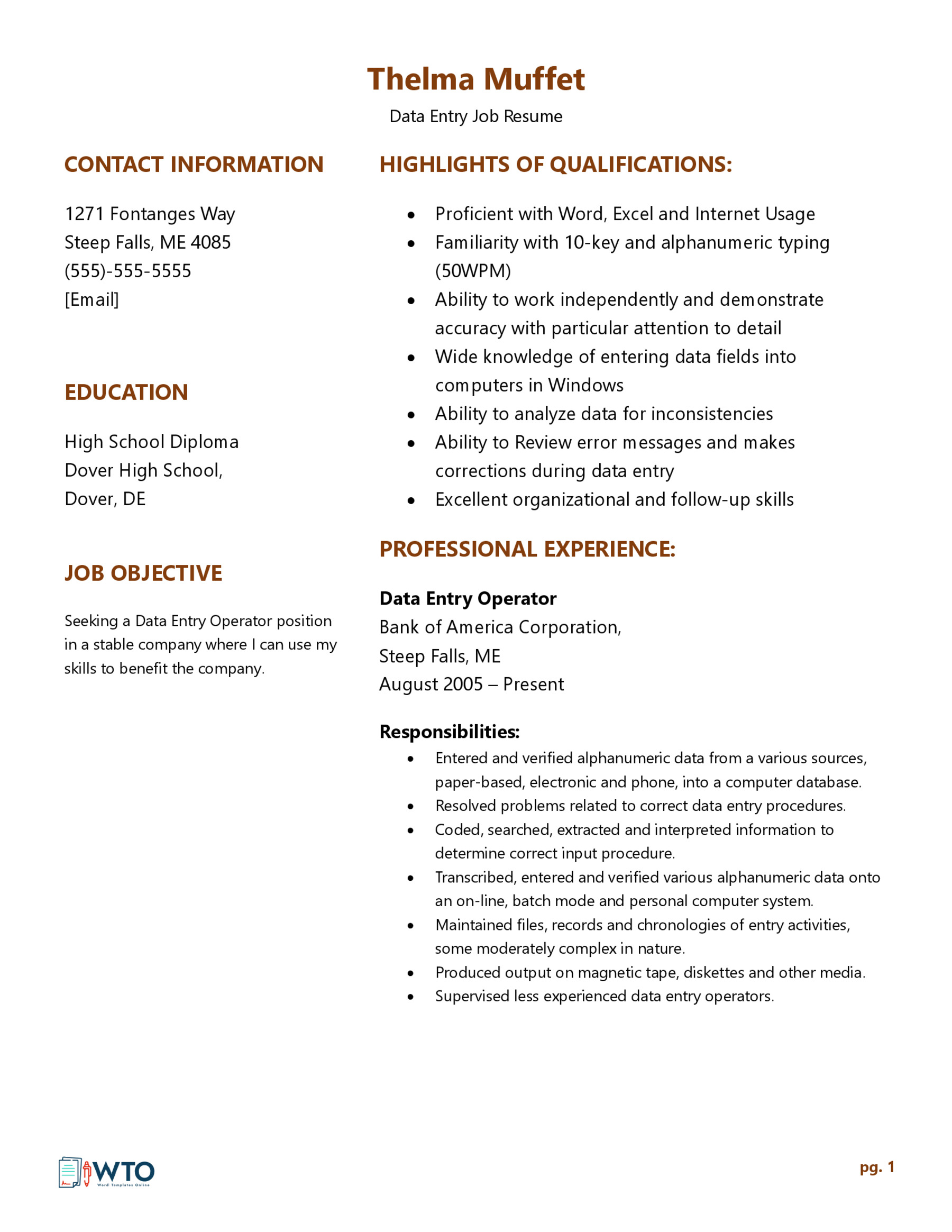 Data Entry Job Resume - Well-Structured Sample