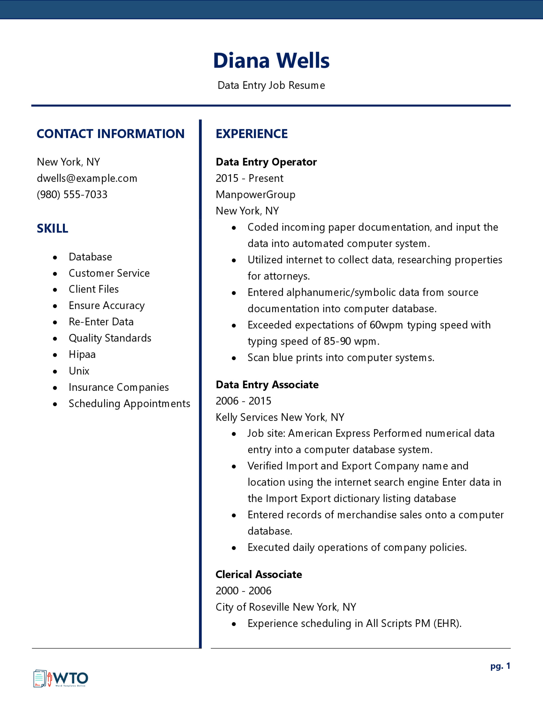 Downloadable Data Entry Job Resume Template - Word Format