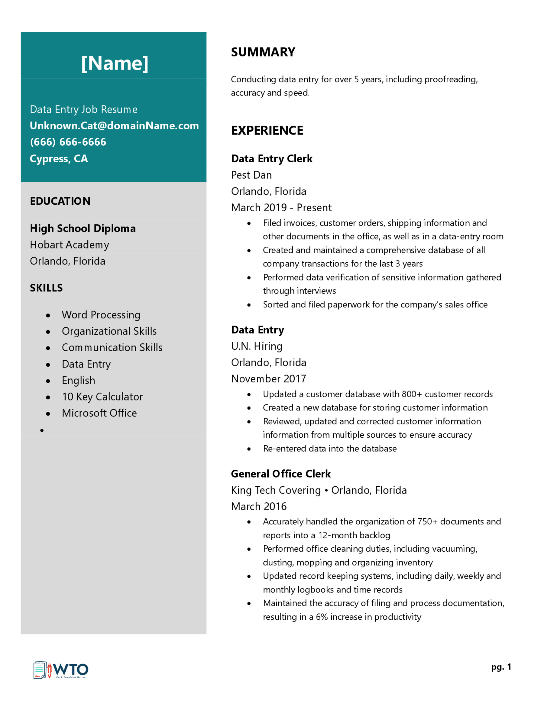 Data Entry Job Resume Template - Ready-to-Use Word Document