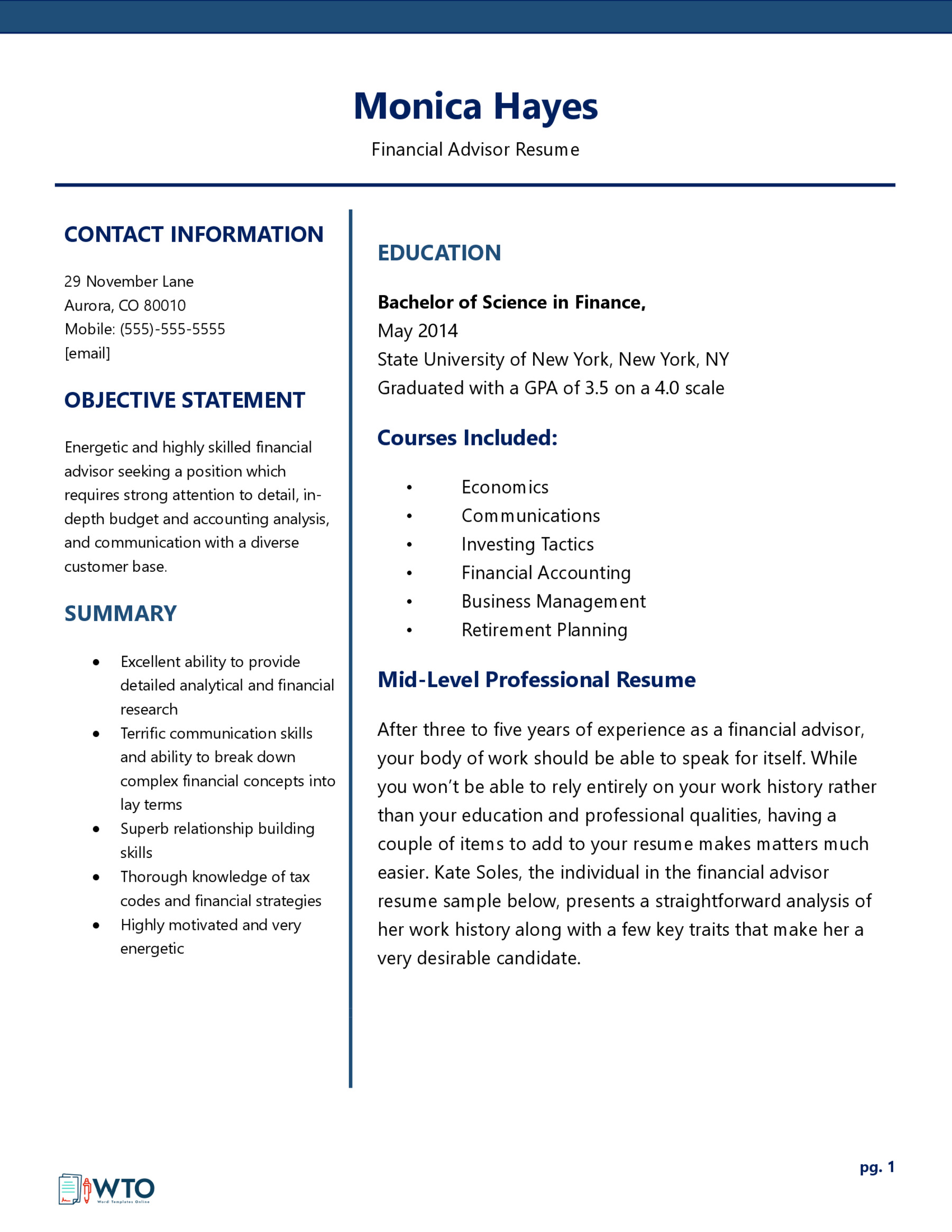 Financial Advisor Resume - Simple and Clean Format