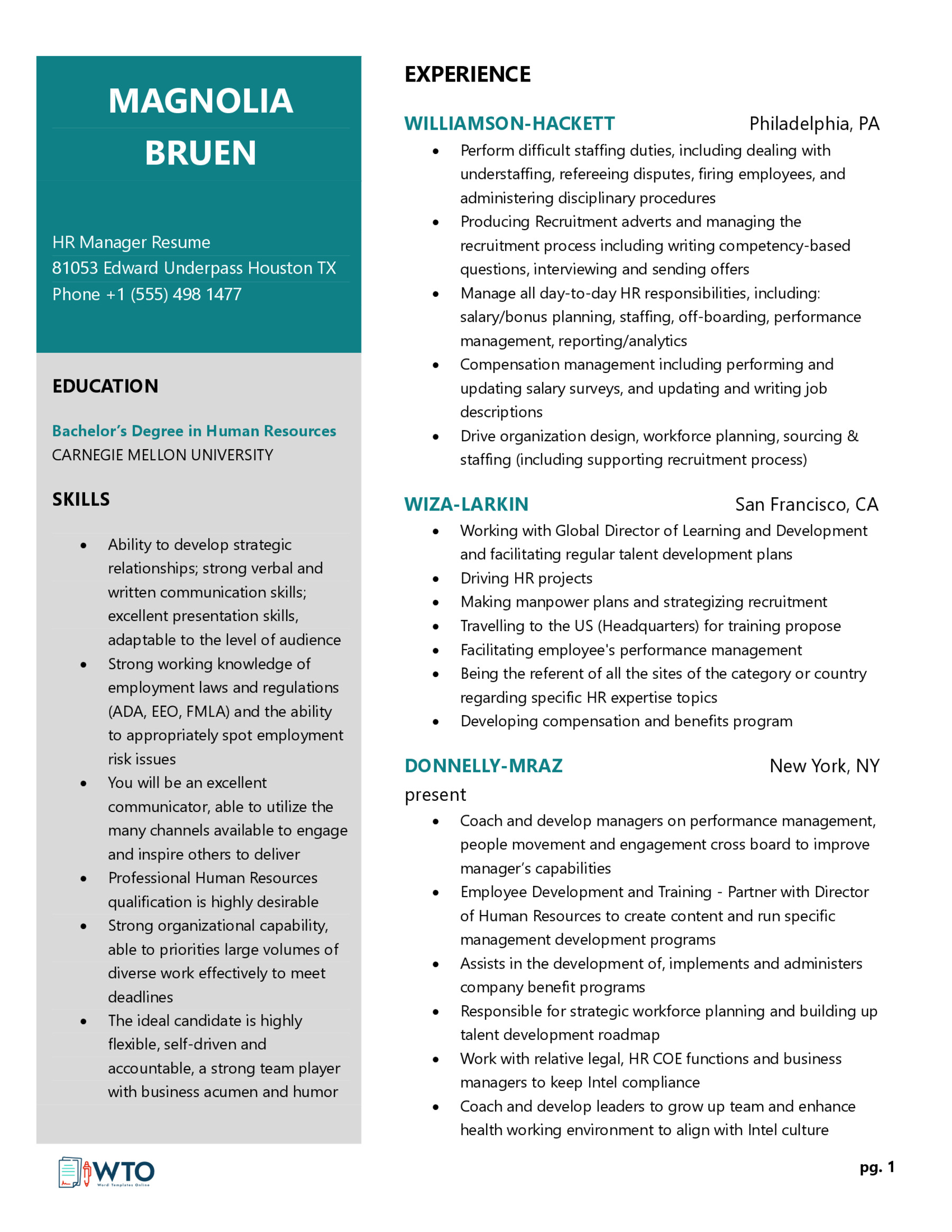 Free HR Manager Resume Template - Editable Format