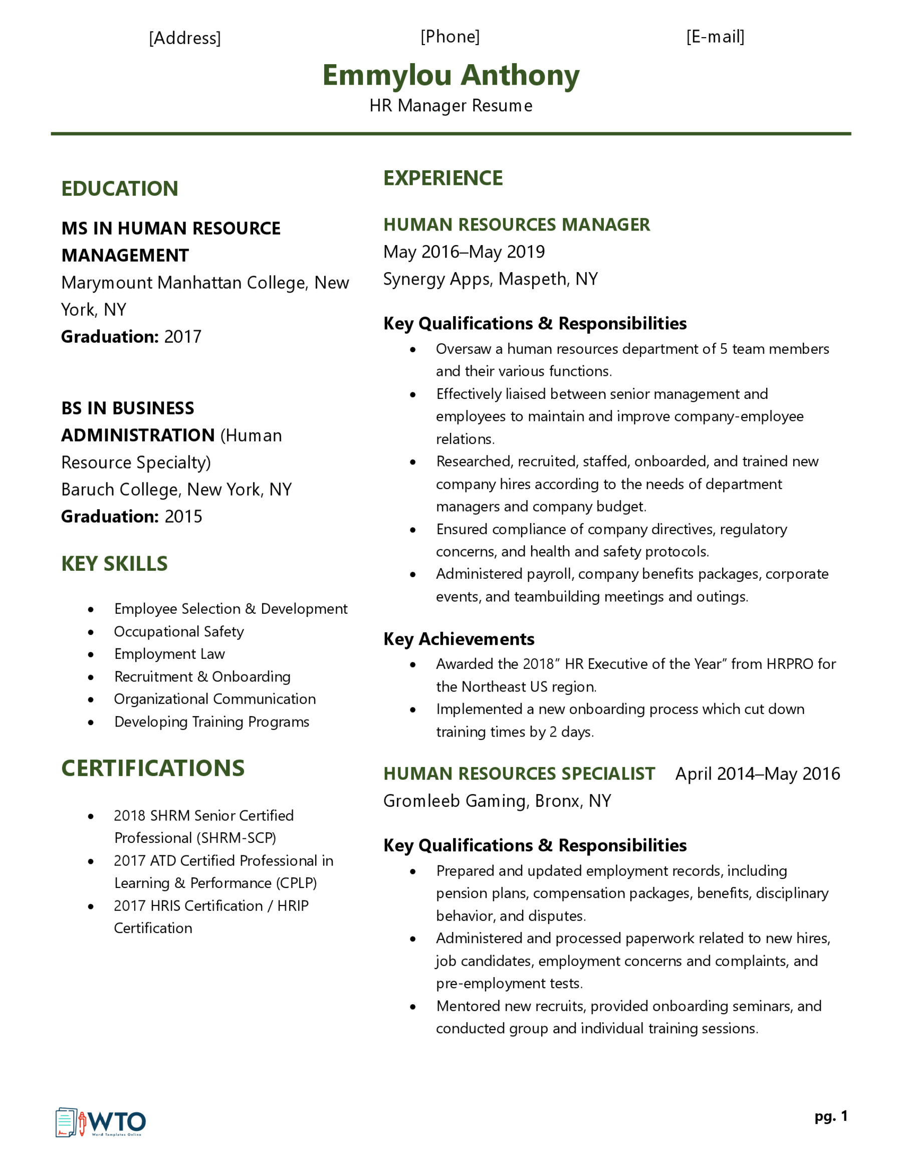 HR Manager Resume Example - Professional Sample