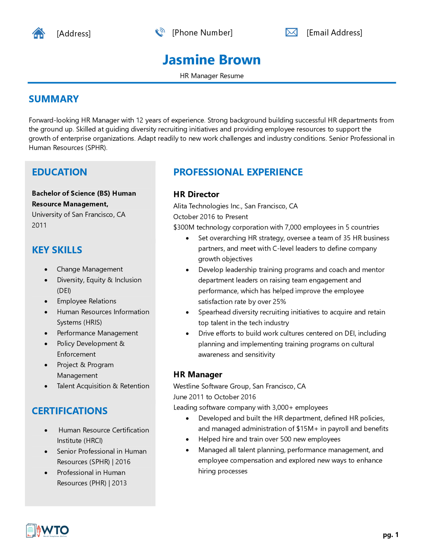 Editable HR Manager Resume Form - Free Template