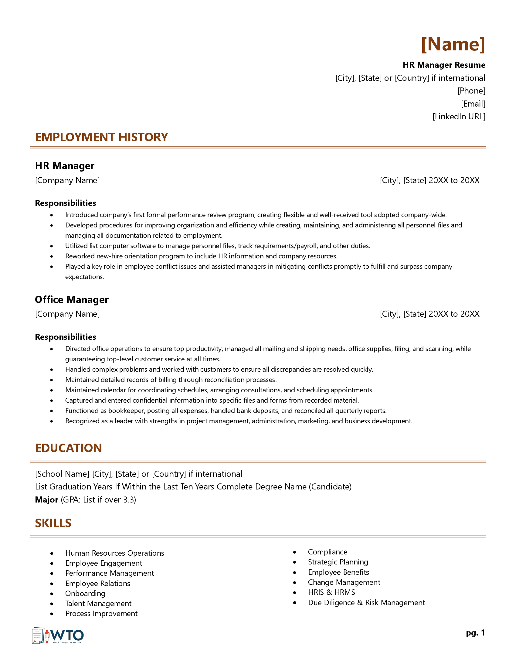HR Manager Resume Template - Customizable Format