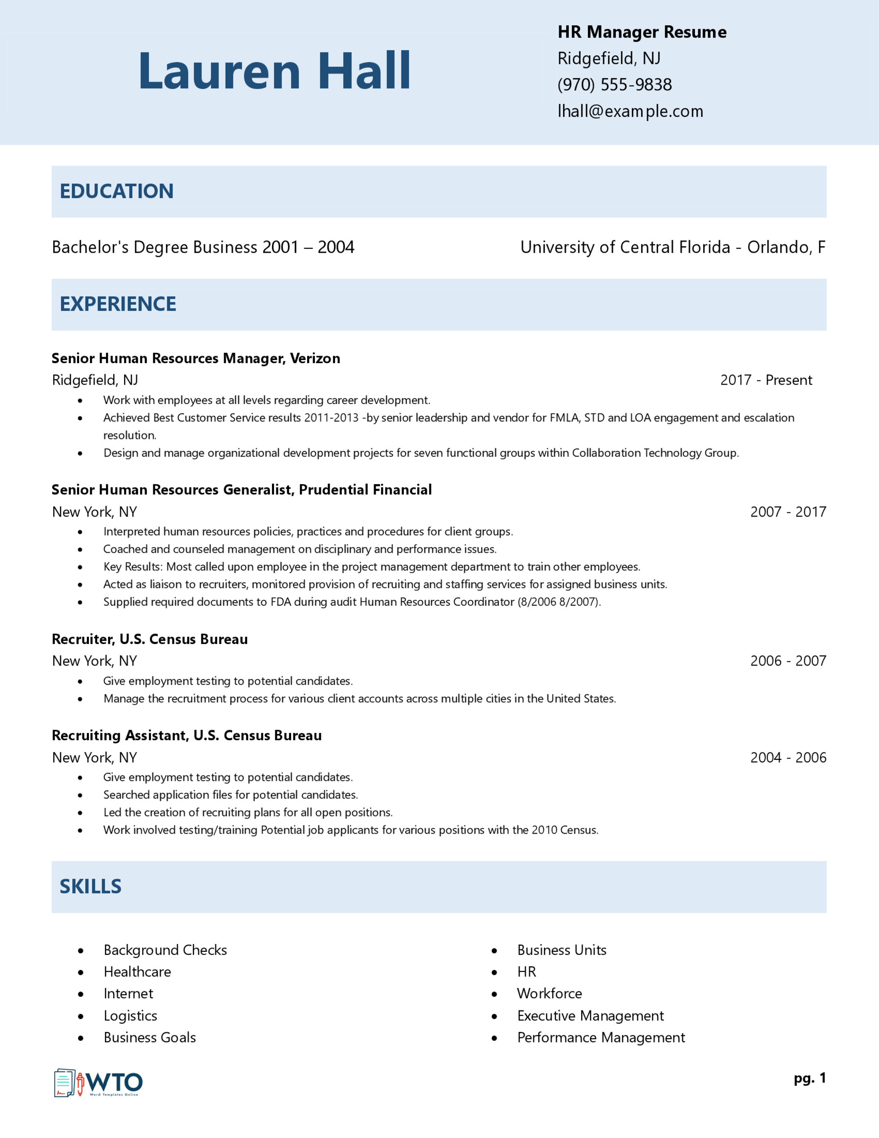 HR Manager Resume Template - Printable Form