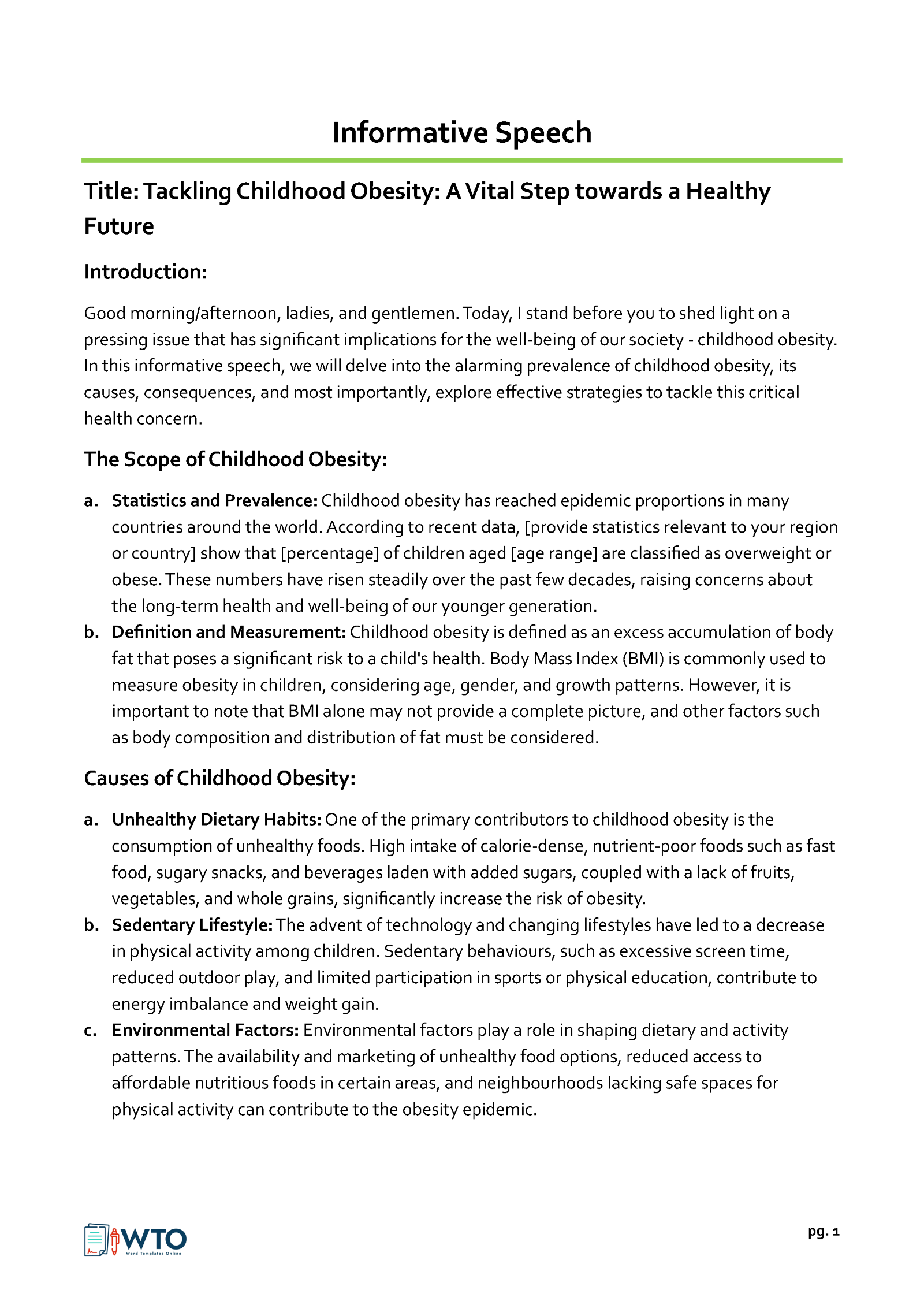 Great Comprehensive Childhood Obesity Speech Outline Example for Word File