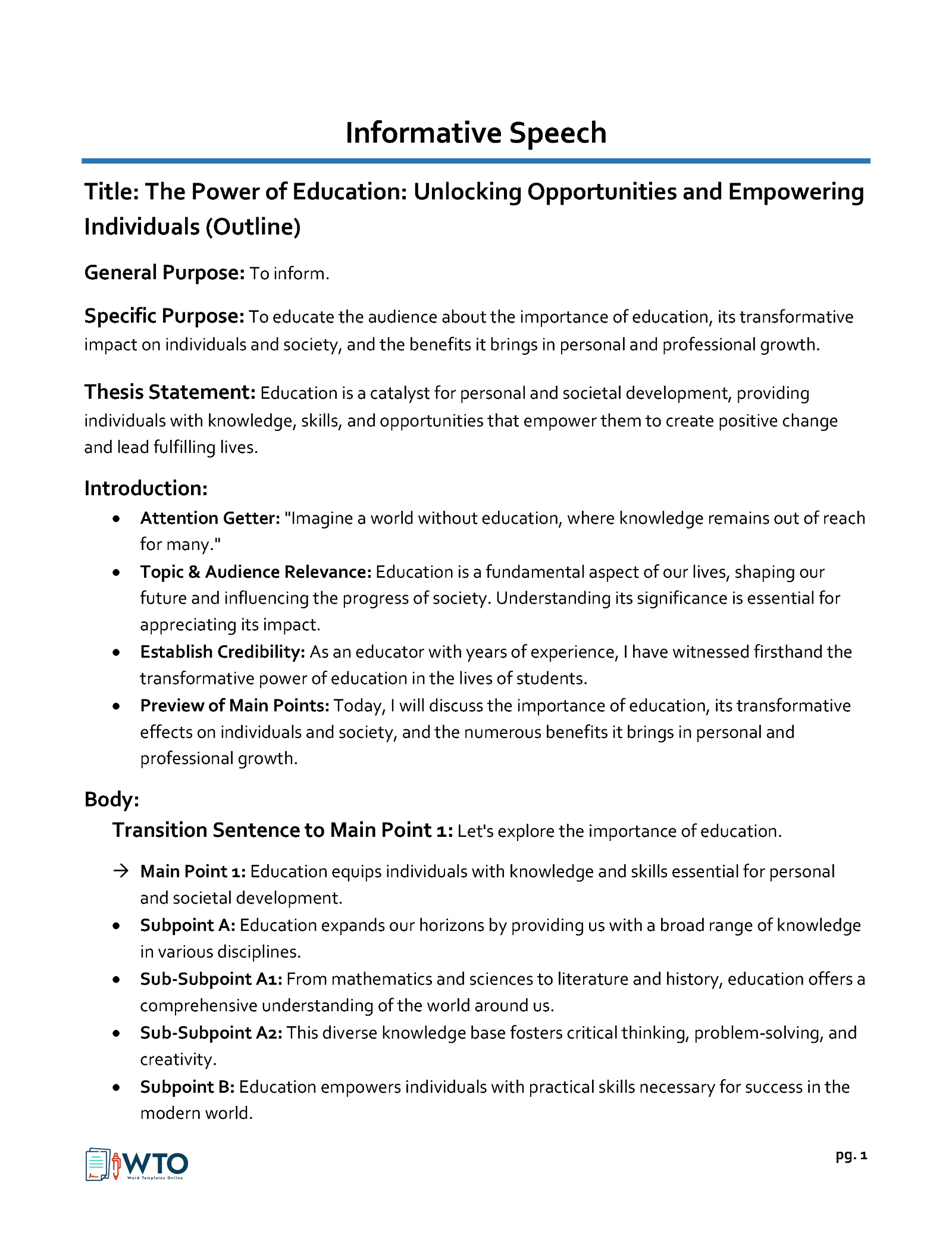 Great Comprehensive Unlocking Opportunities and Empowering Individuals by Education Speech Outline Example for Word File