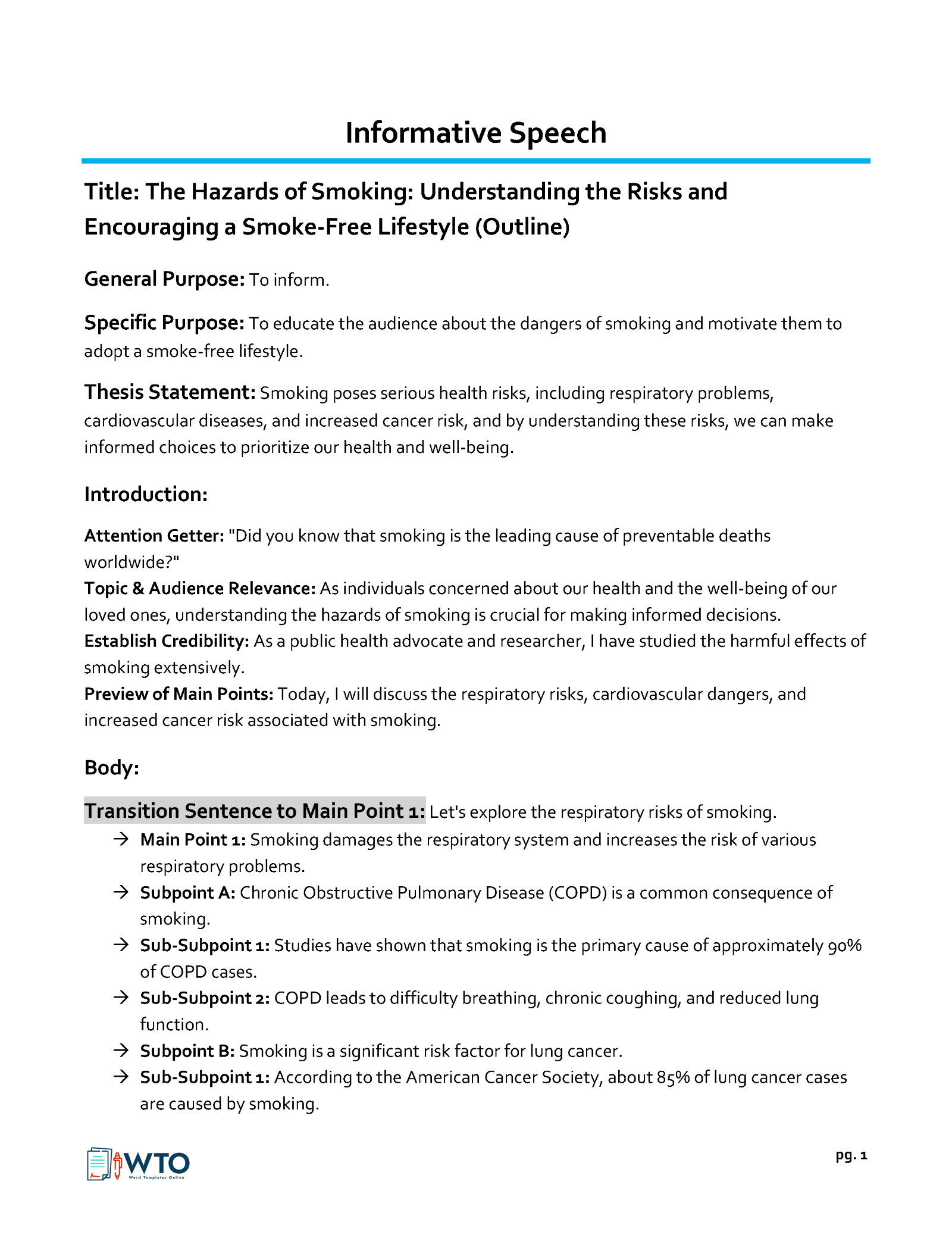 Great Comprehensive Smoking, A Health Hazard Speech Outline Example for Word File
