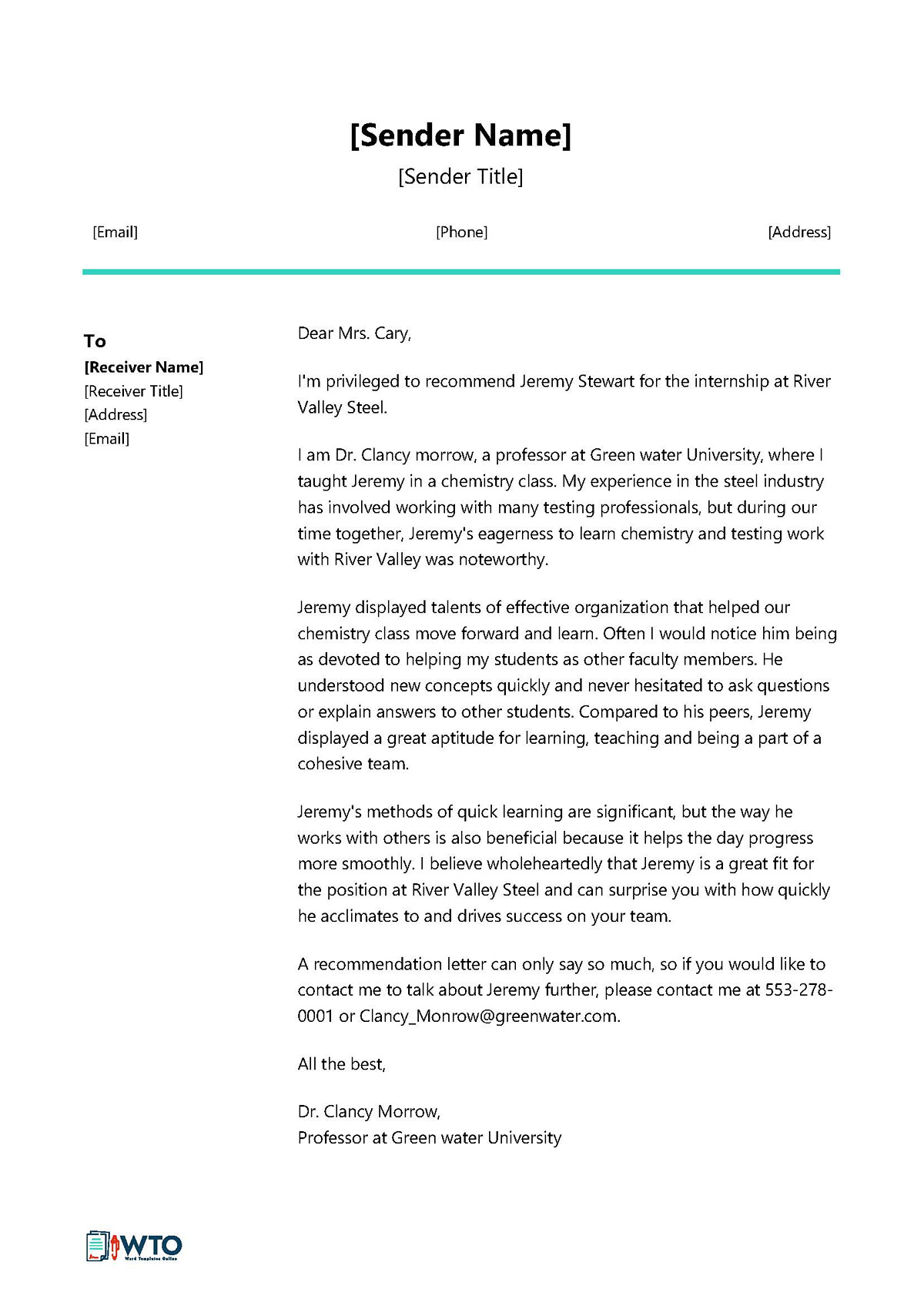 Editable Internship candidate Letter of recommendation