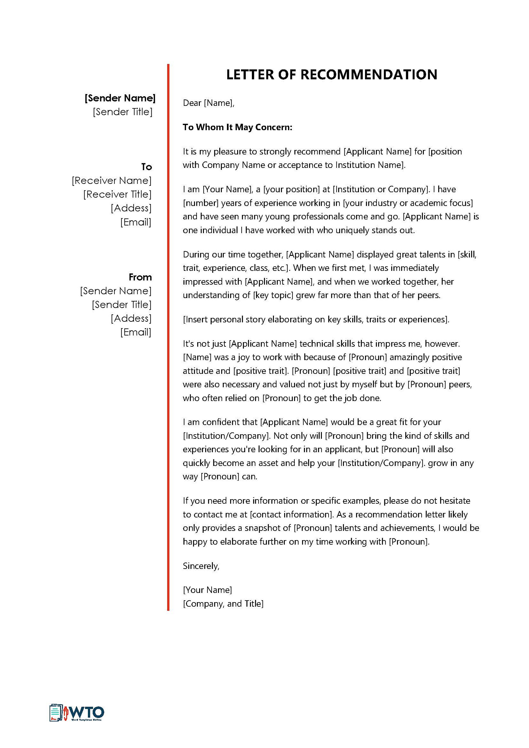 Letter of Recommendation Template