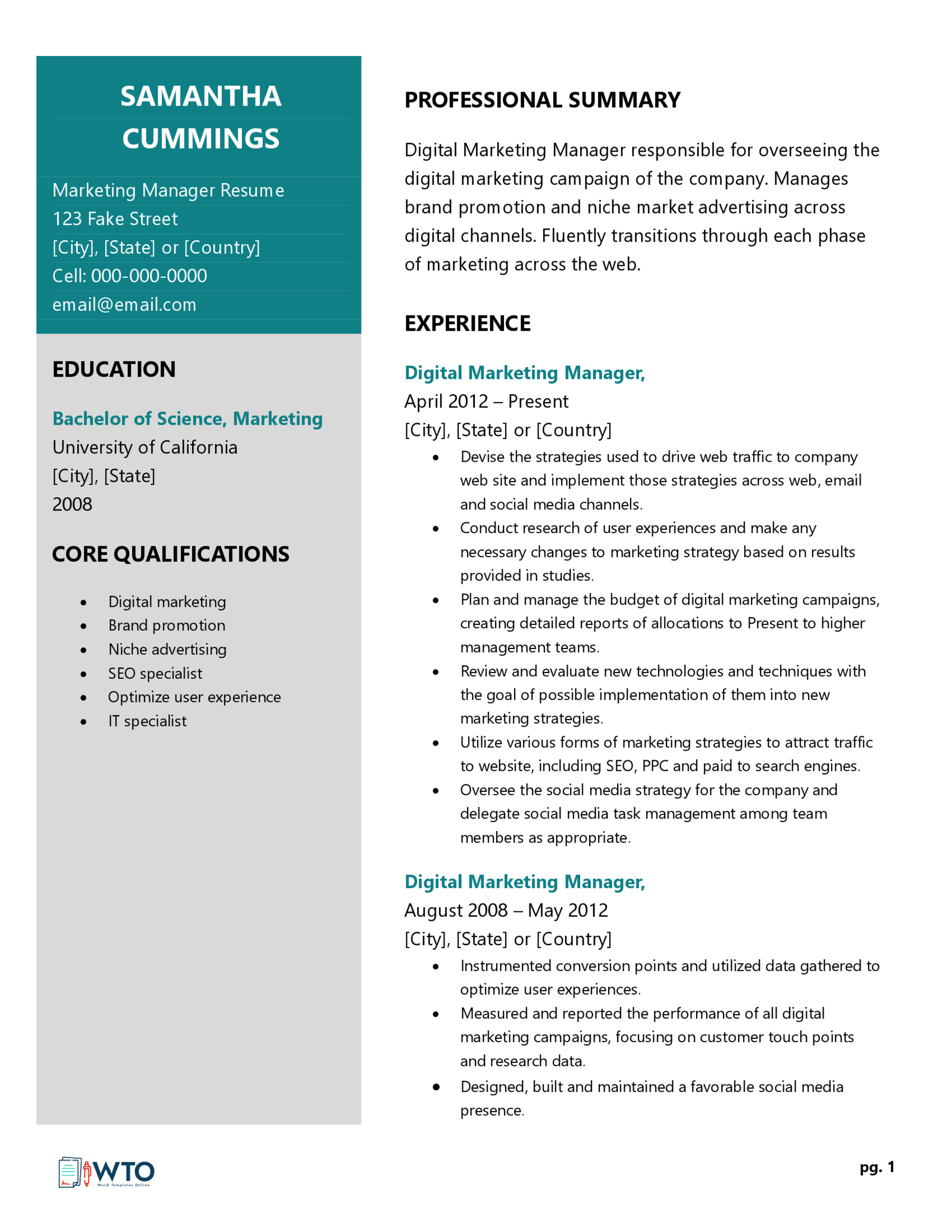 Free Marketing Manager Resume Template - Editable Format