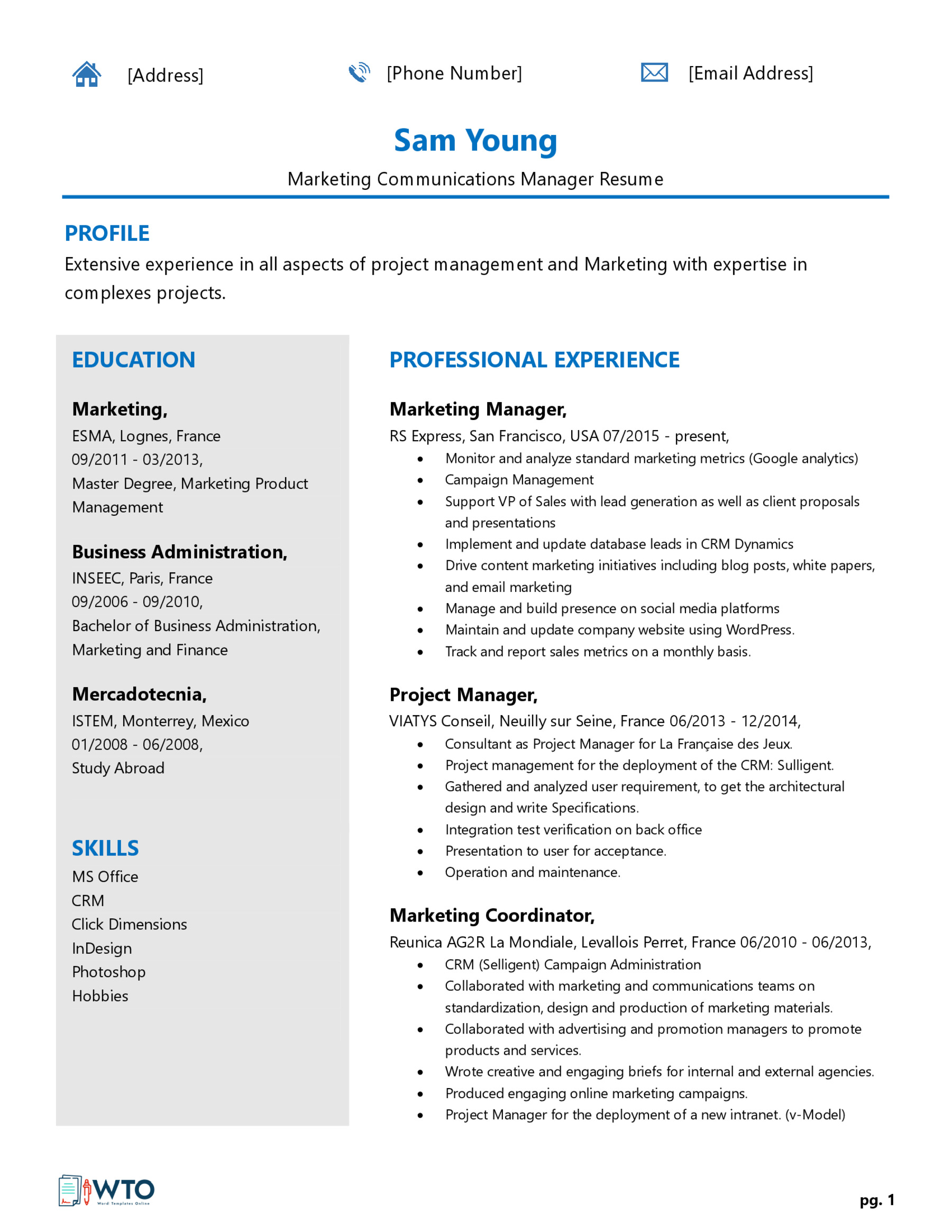 Editable Marketing Manager Resume Form - Free Template