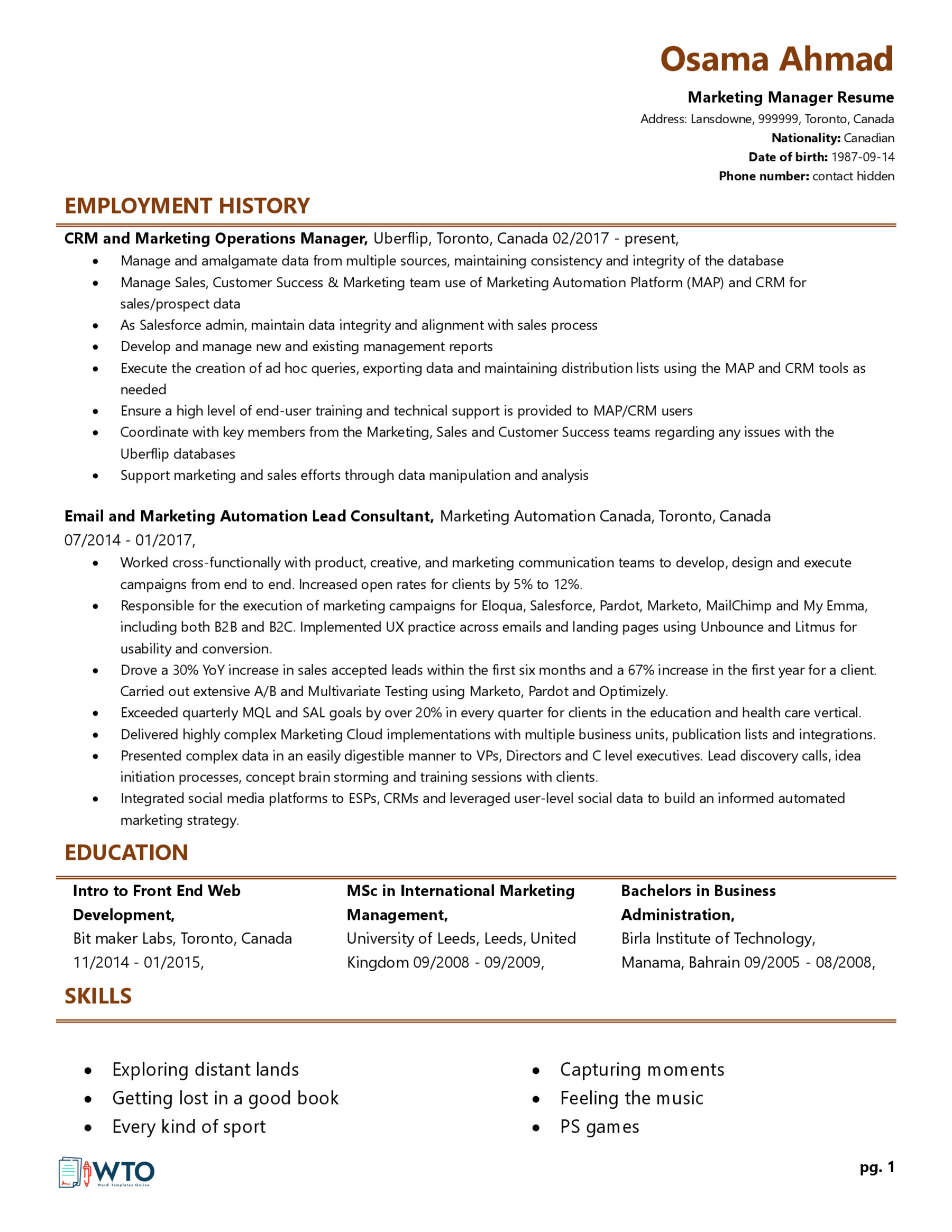 Marketing Manager Resume Template - Customizable Format