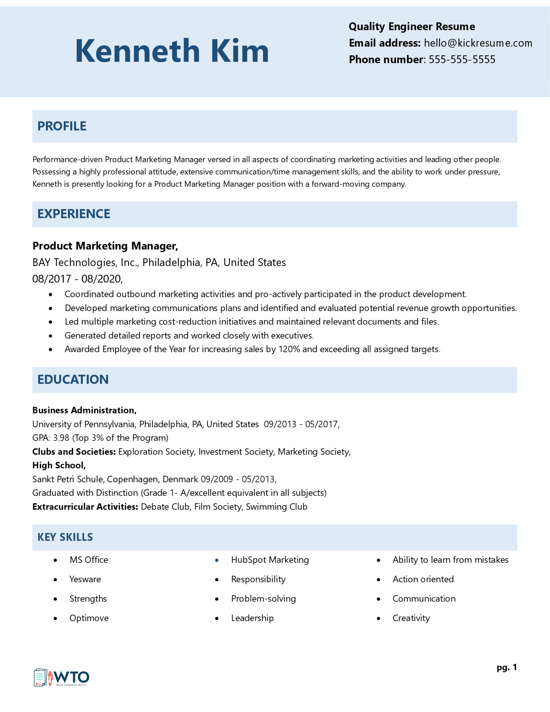 Marketing Manager Resume Template - Printable Form