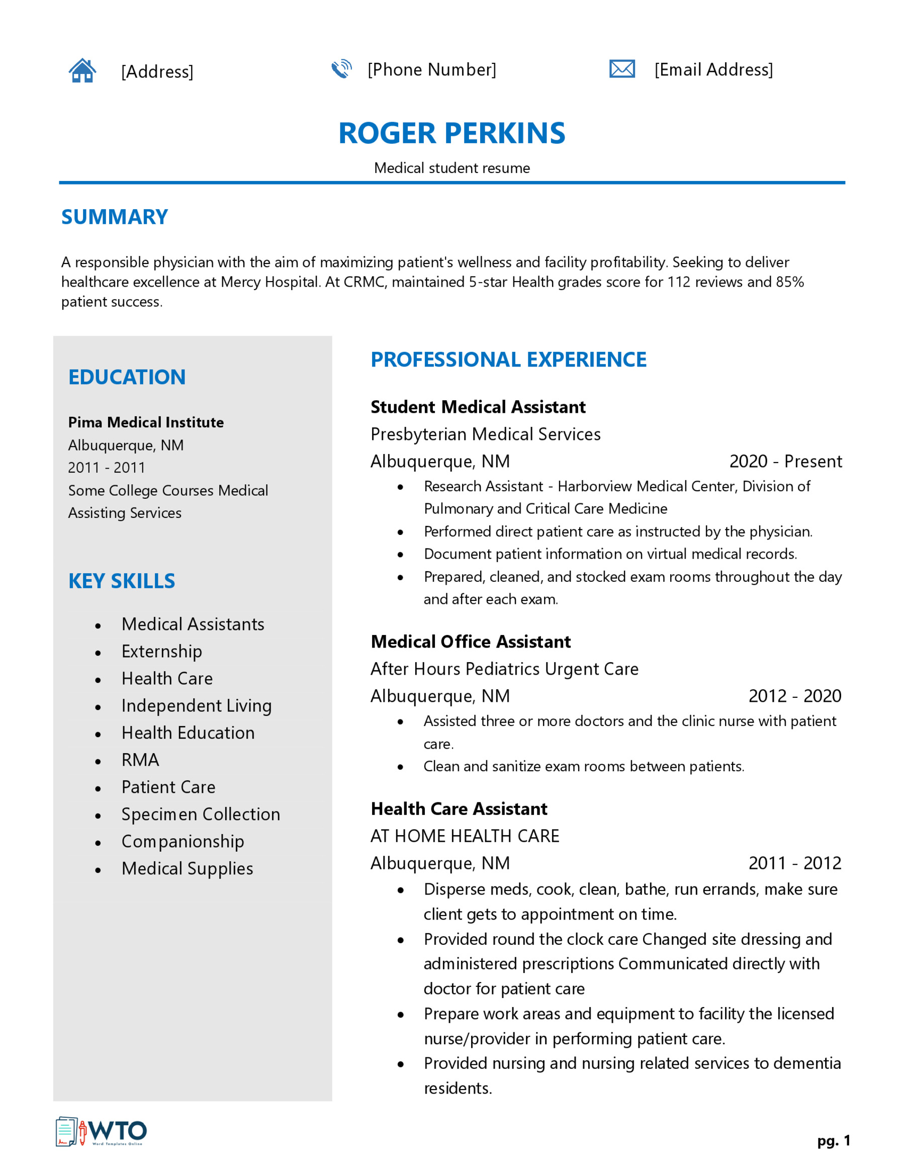 Medical Students Resume Example - Professional Sample